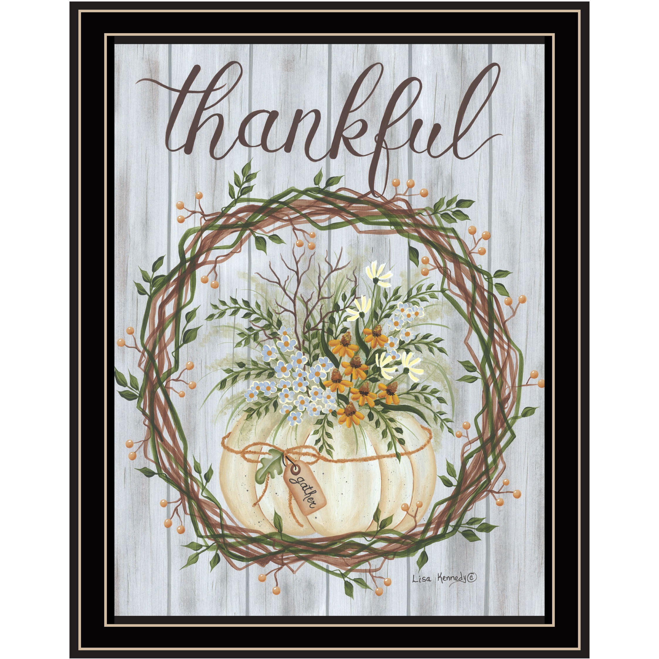 Thankful Wreath Black Framed Print Wall Art