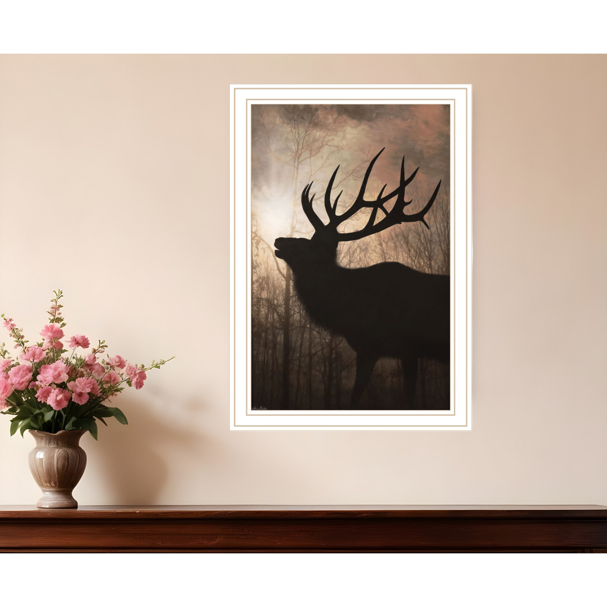 Elk Sunrise White Framed Print Wall Art