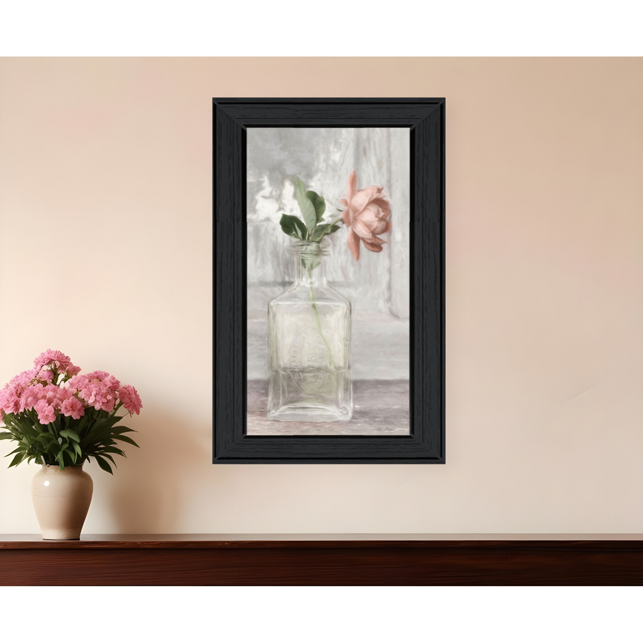 Cottage Peach Rose Black Framed Print Wall Art