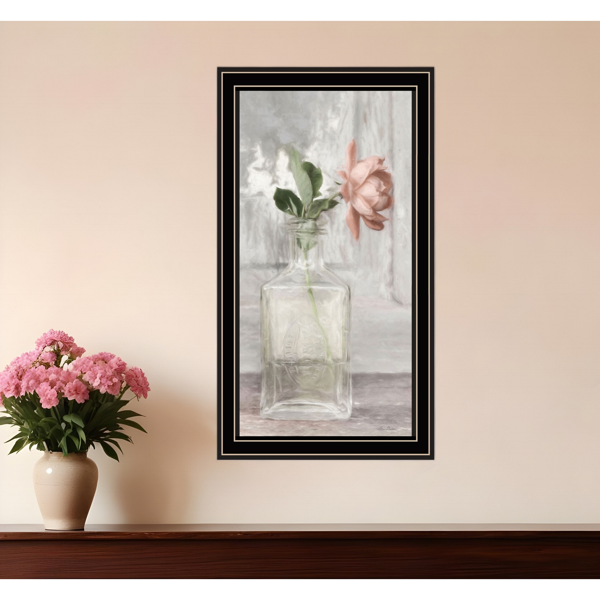 Cottage Peach Rose Black Framed Print Wall Art