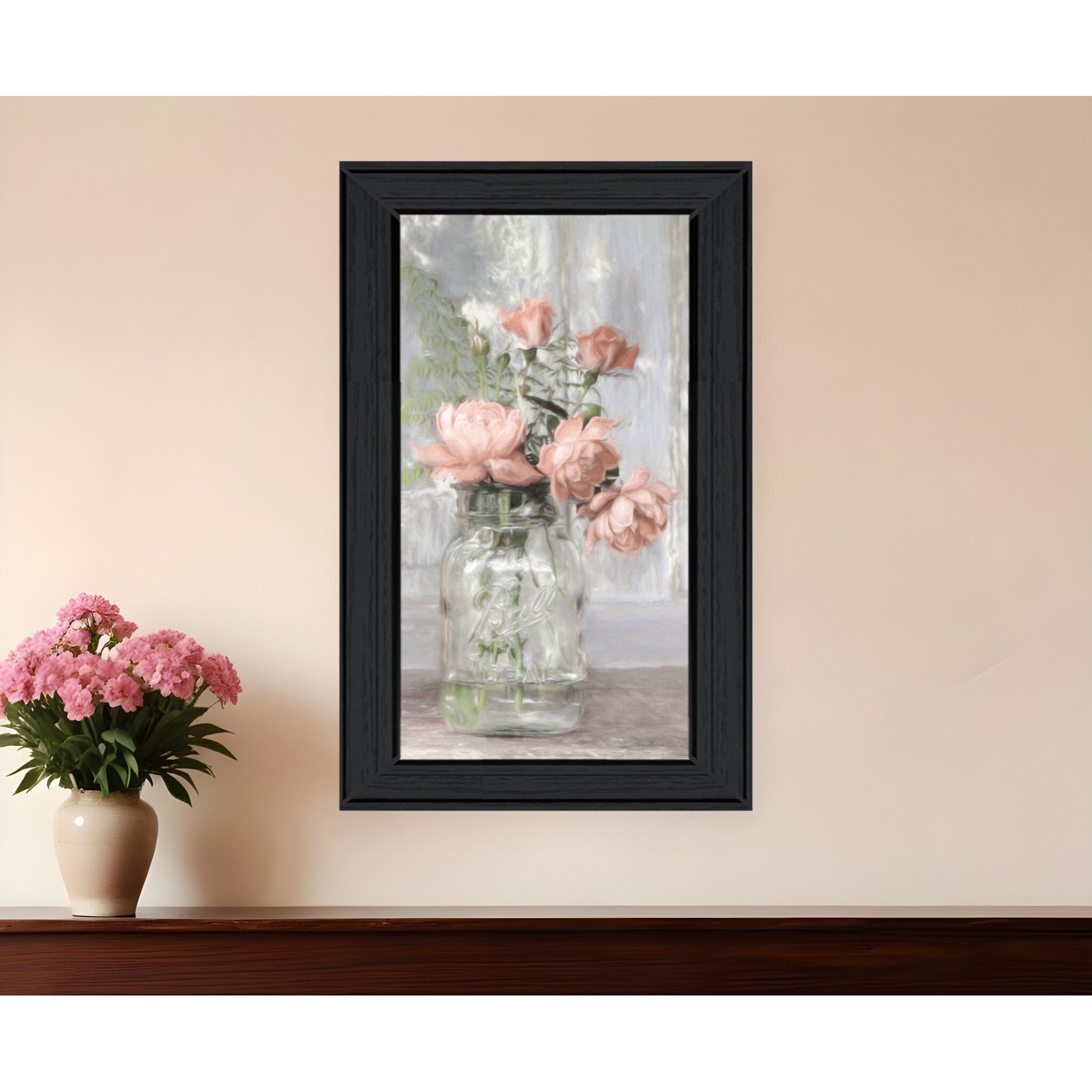 Cottage Peach Roses Black Framed Print Wall Art