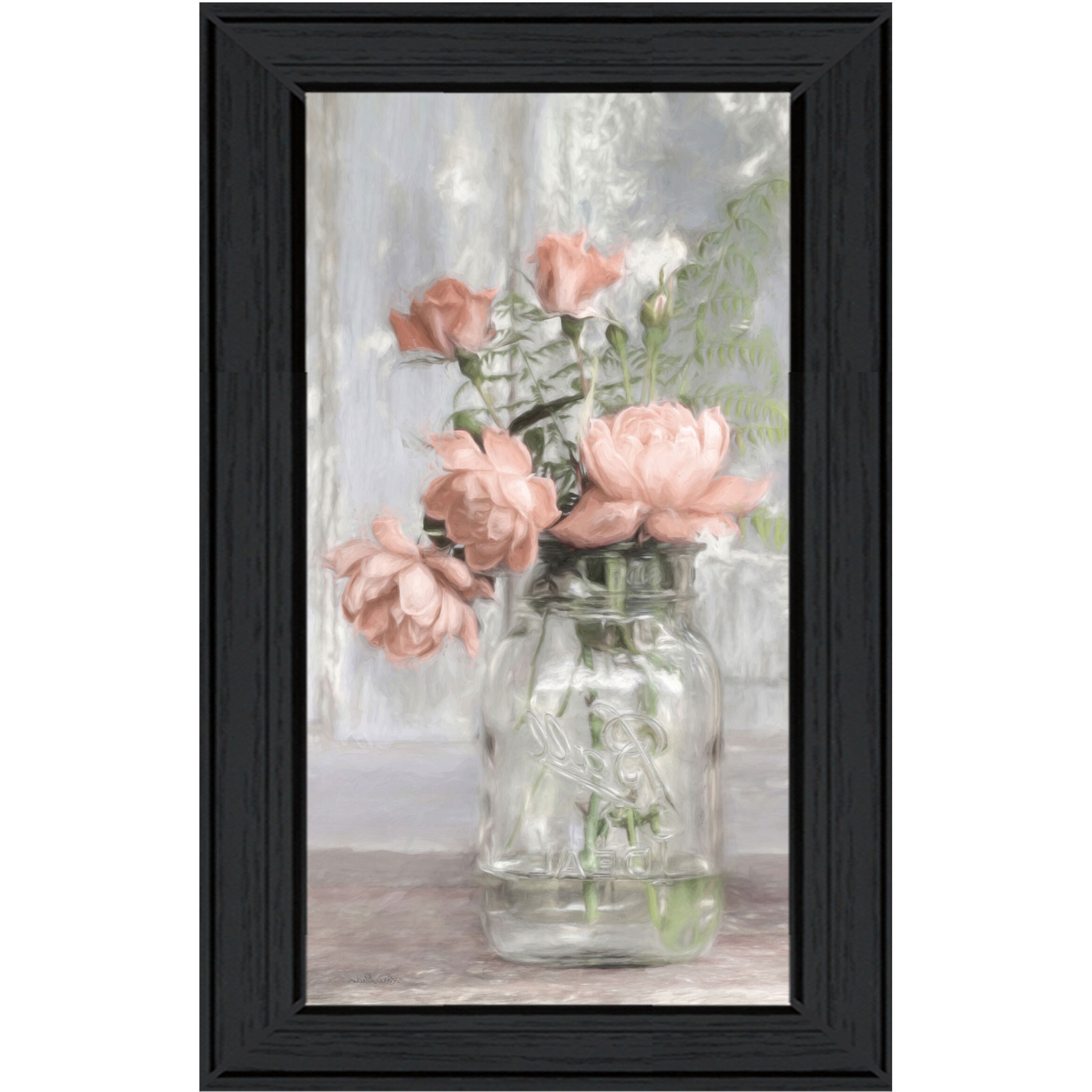 Cottage Peach Roses Black Framed Print Wall Art