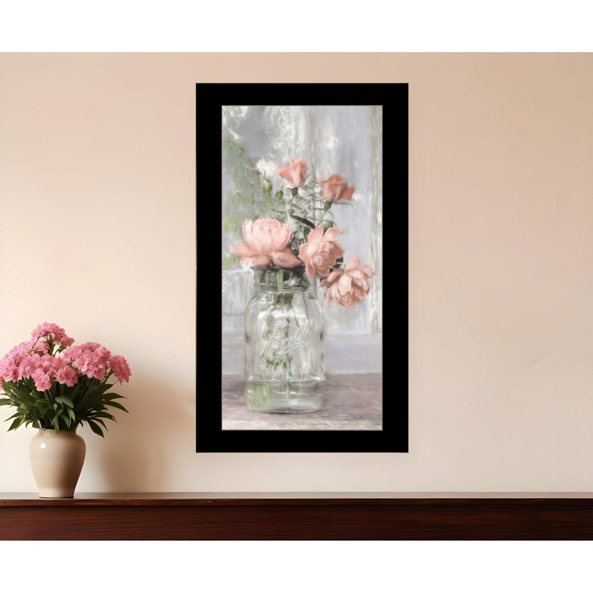 Cottage Peach Roses Black Framed Print Wall Art