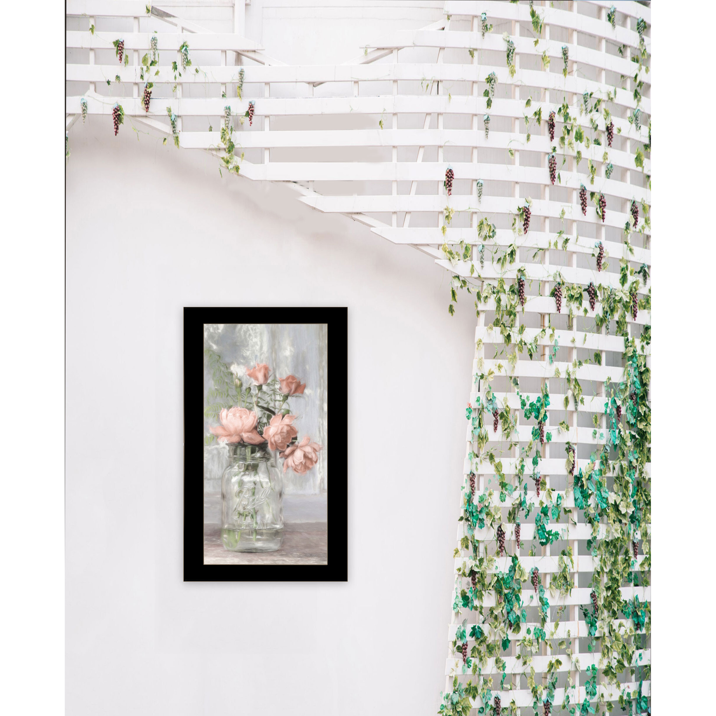 Cottage Peach Roses Black Framed Print Wall Art