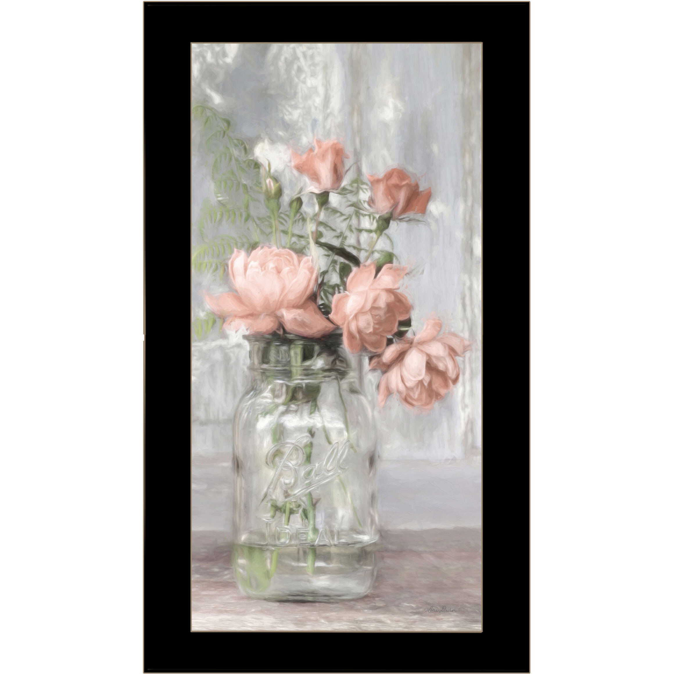 Cottage Peach Roses Black Framed Print Wall Art