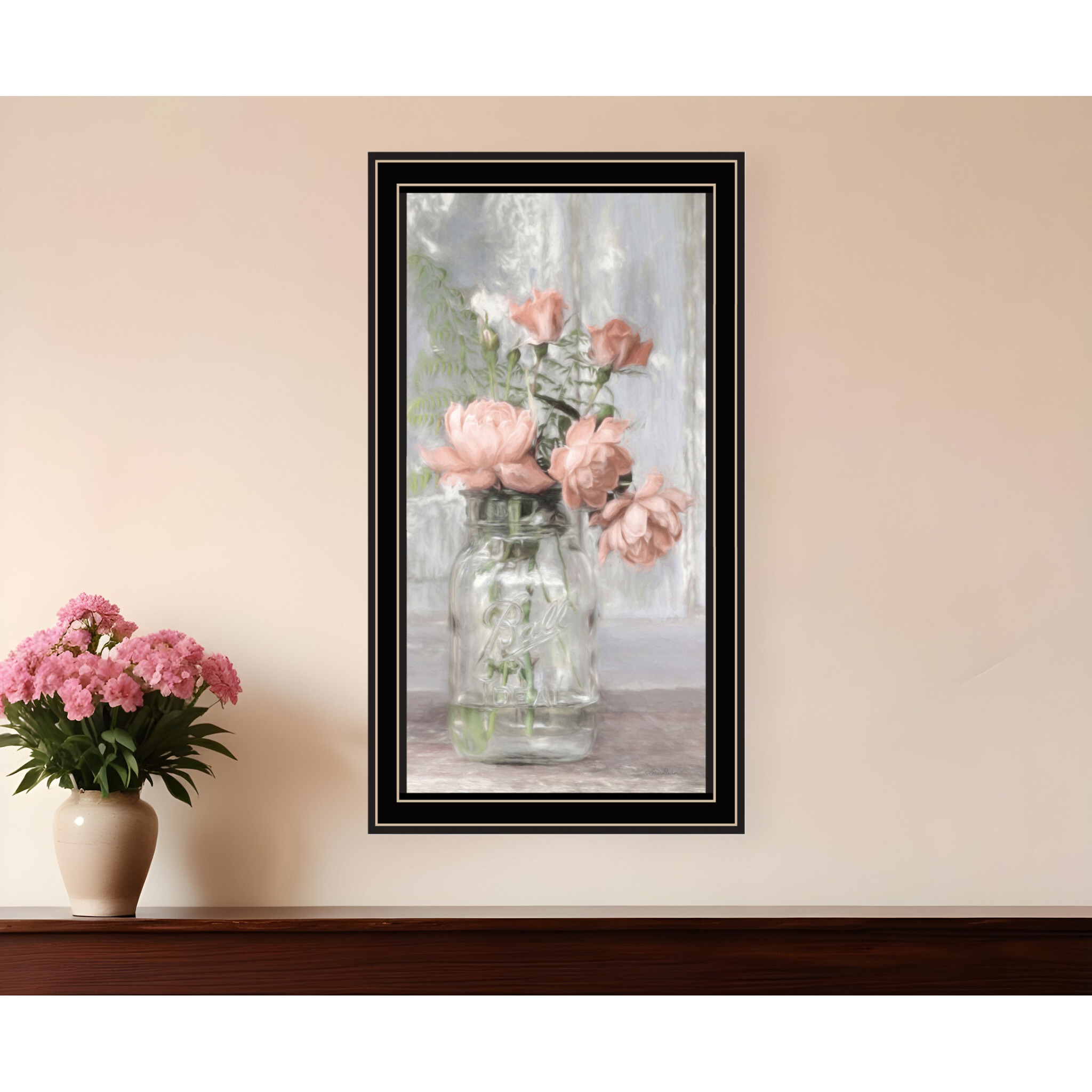 Cottage Peach Roses Black Framed Print Wall Art