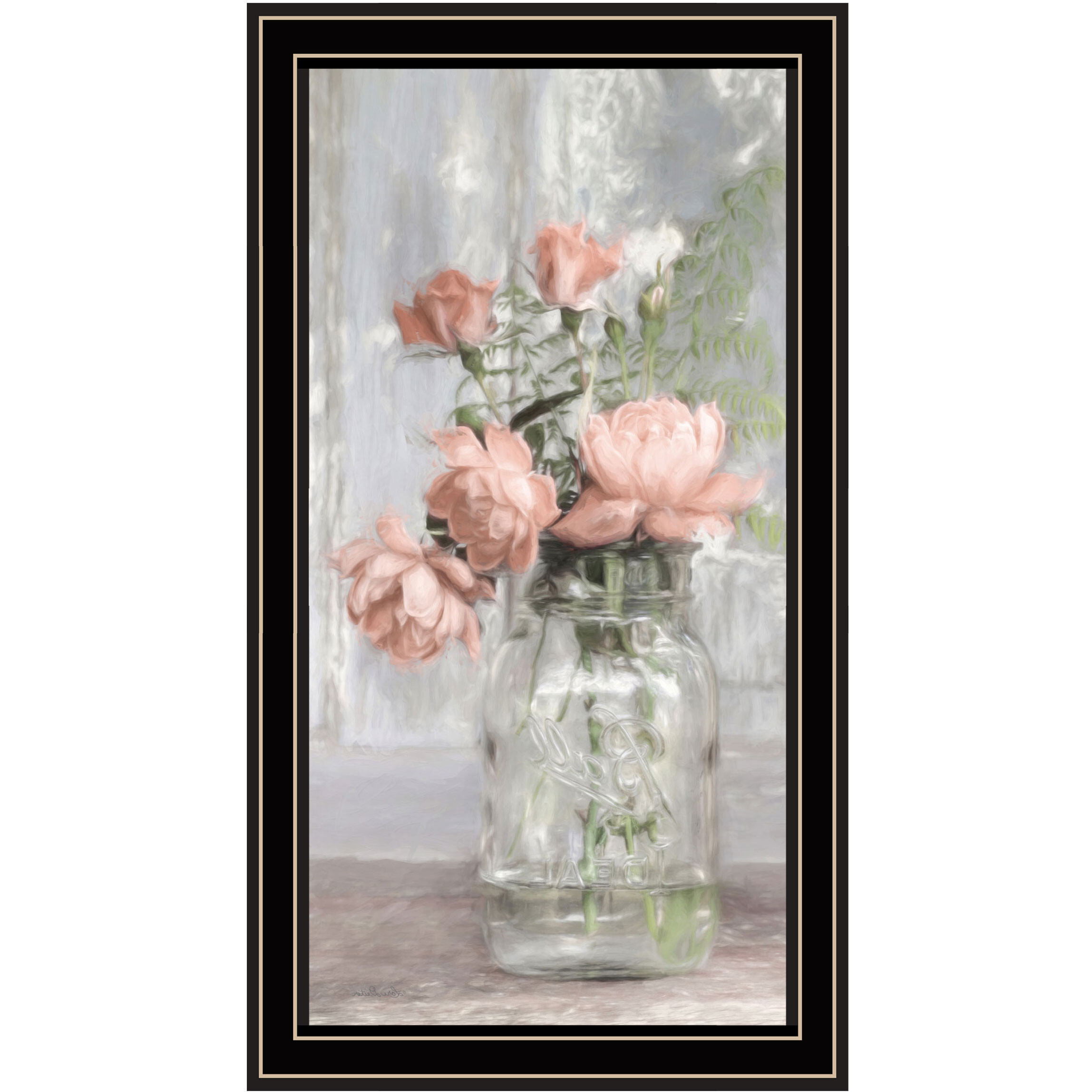Cottage Peach Roses Black Framed Print Wall Art
