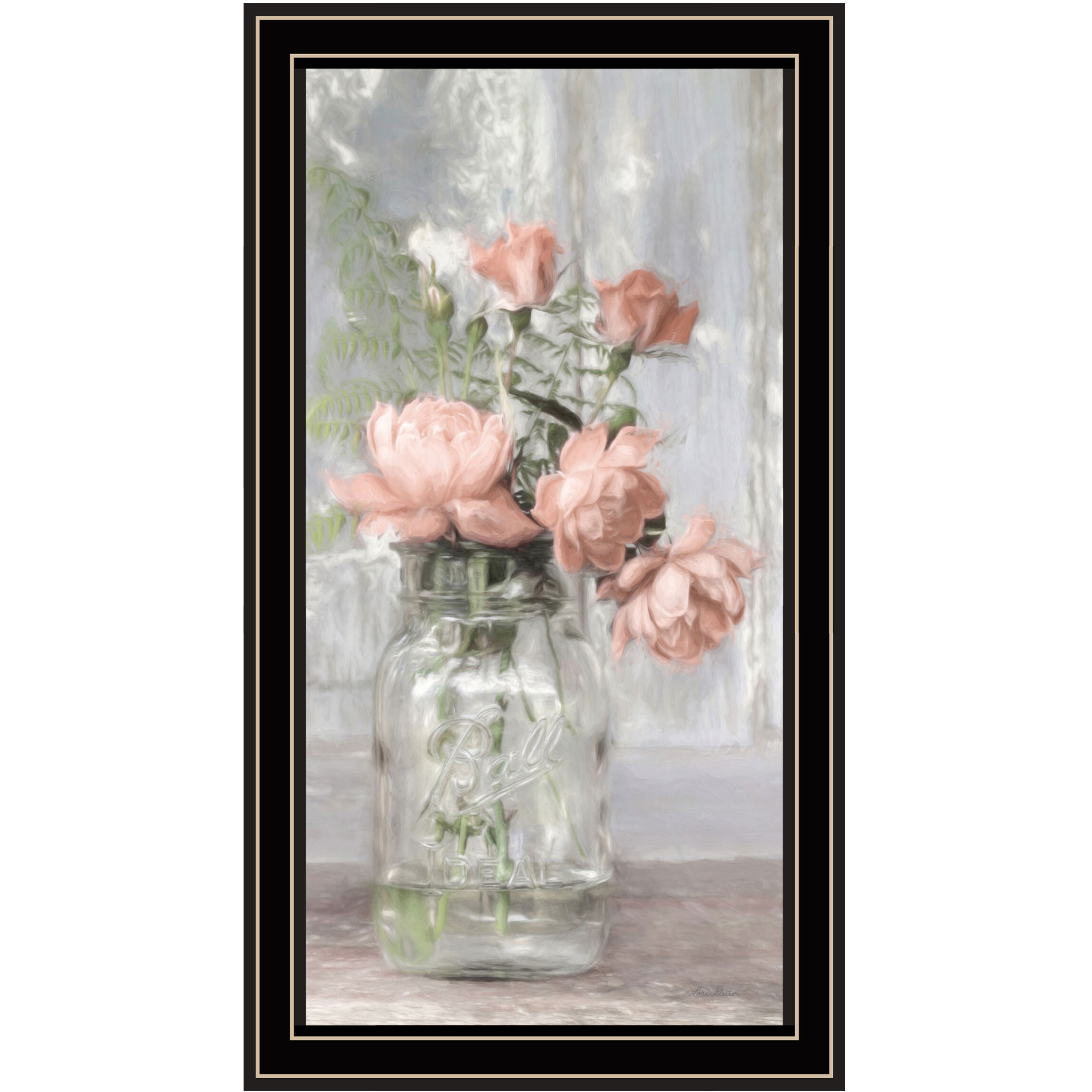 Cottage Peach Roses Black Framed Print Wall Art