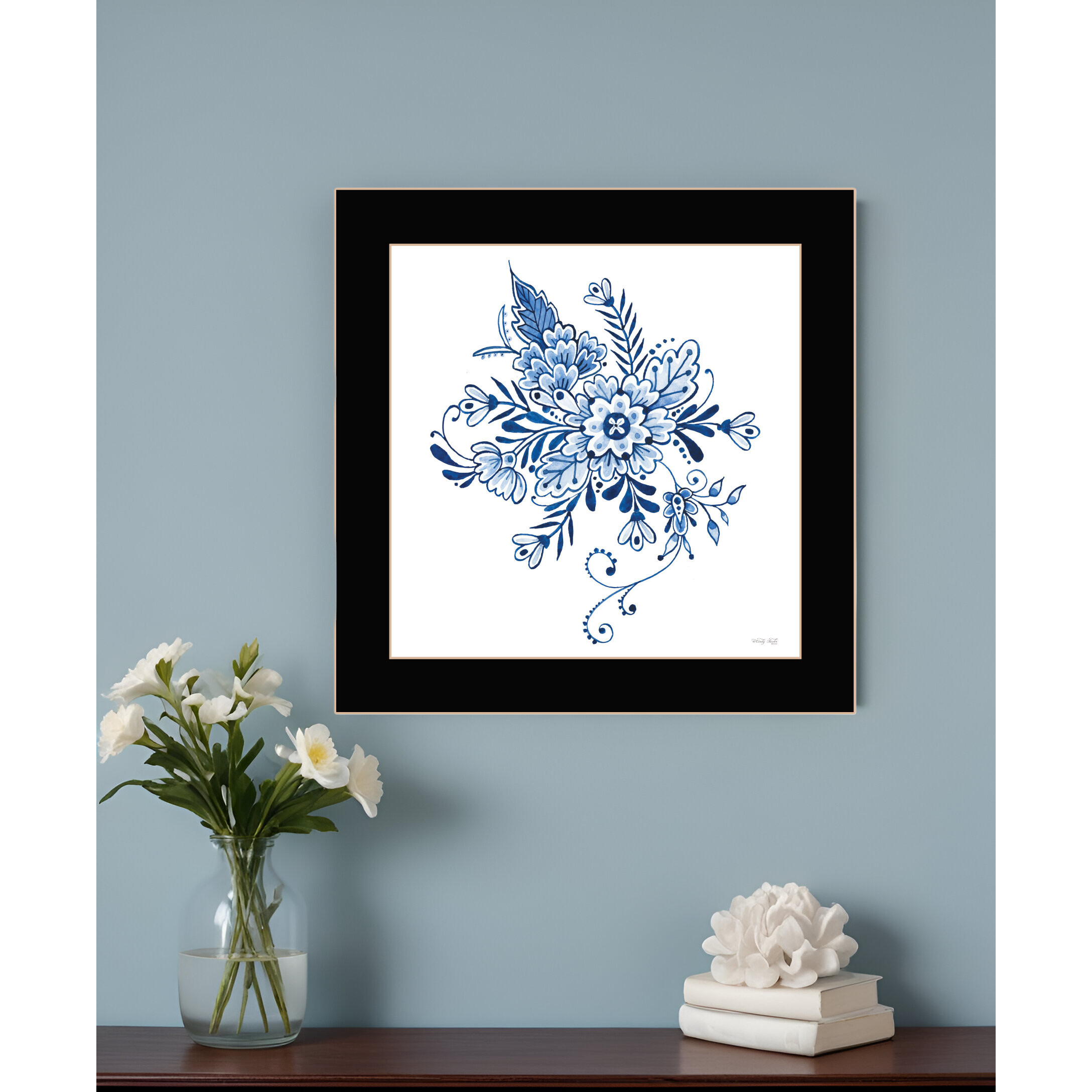 Floral Calligraphy Sketches Black Framed Print Wall Art