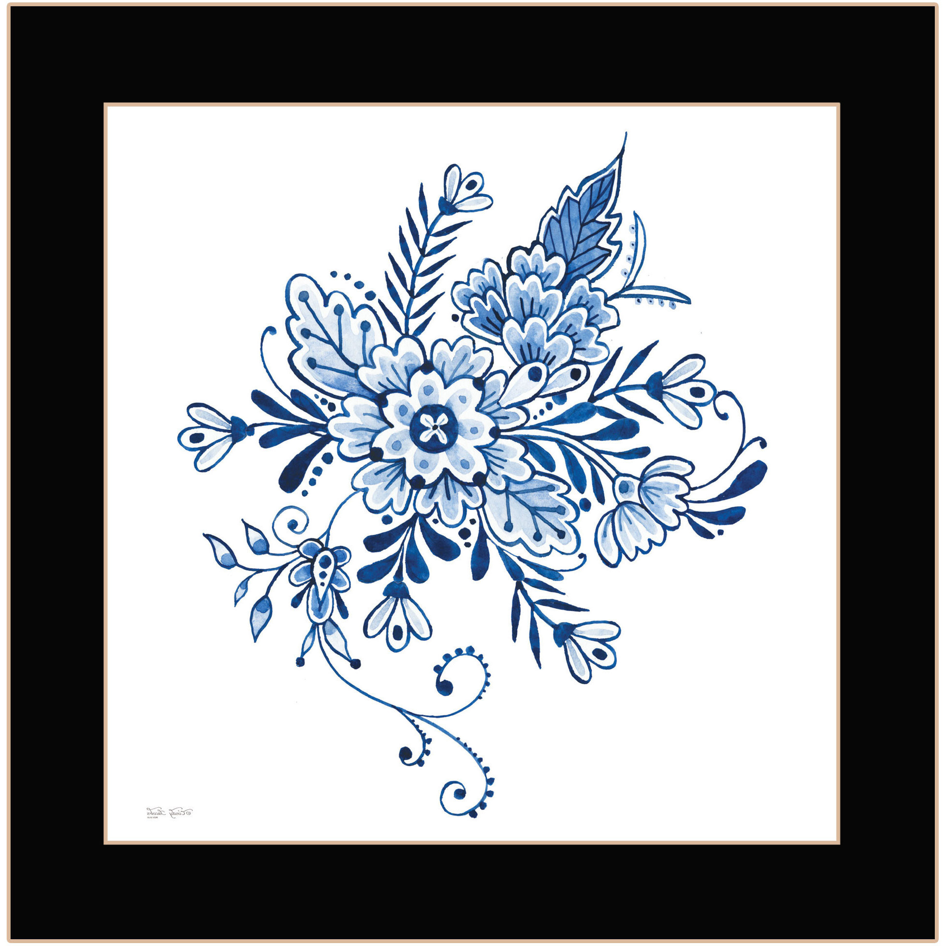 Floral Calligraphy Sketches Black Framed Print Wall Art