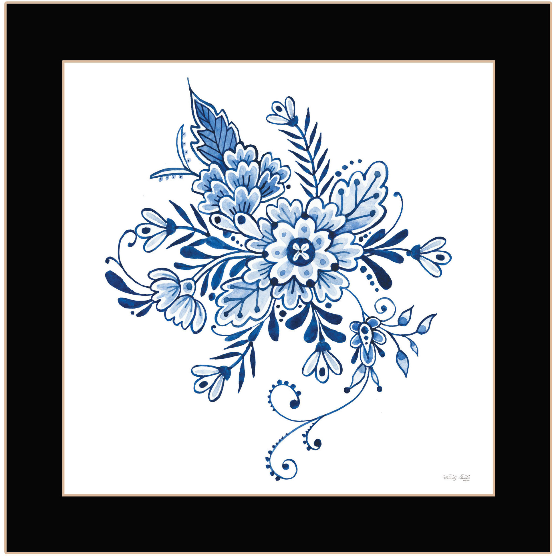 Floral Calligraphy Sketches Black Framed Print Wall Art