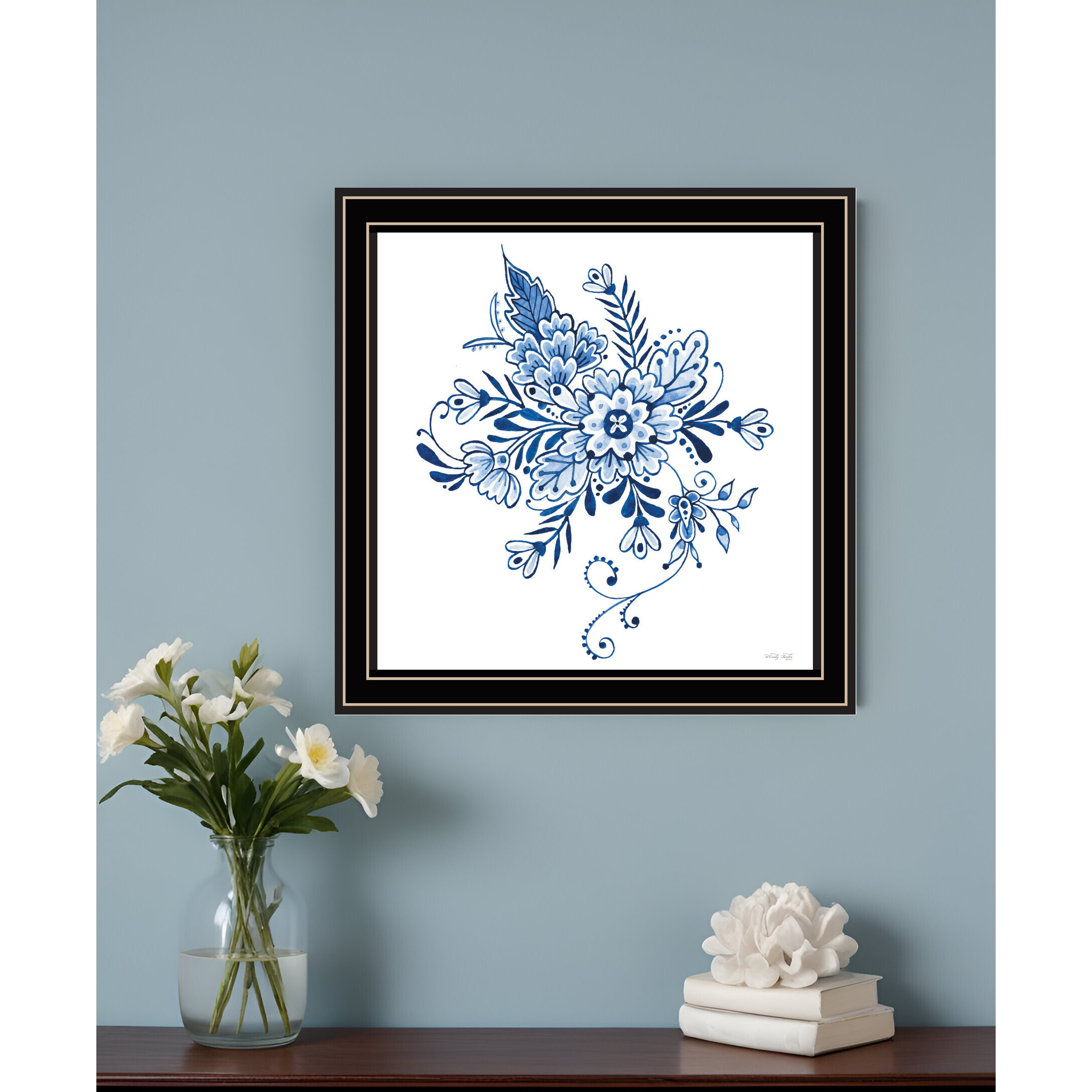 Floral Calligraphy Sketches Black Framed Print Wall Art