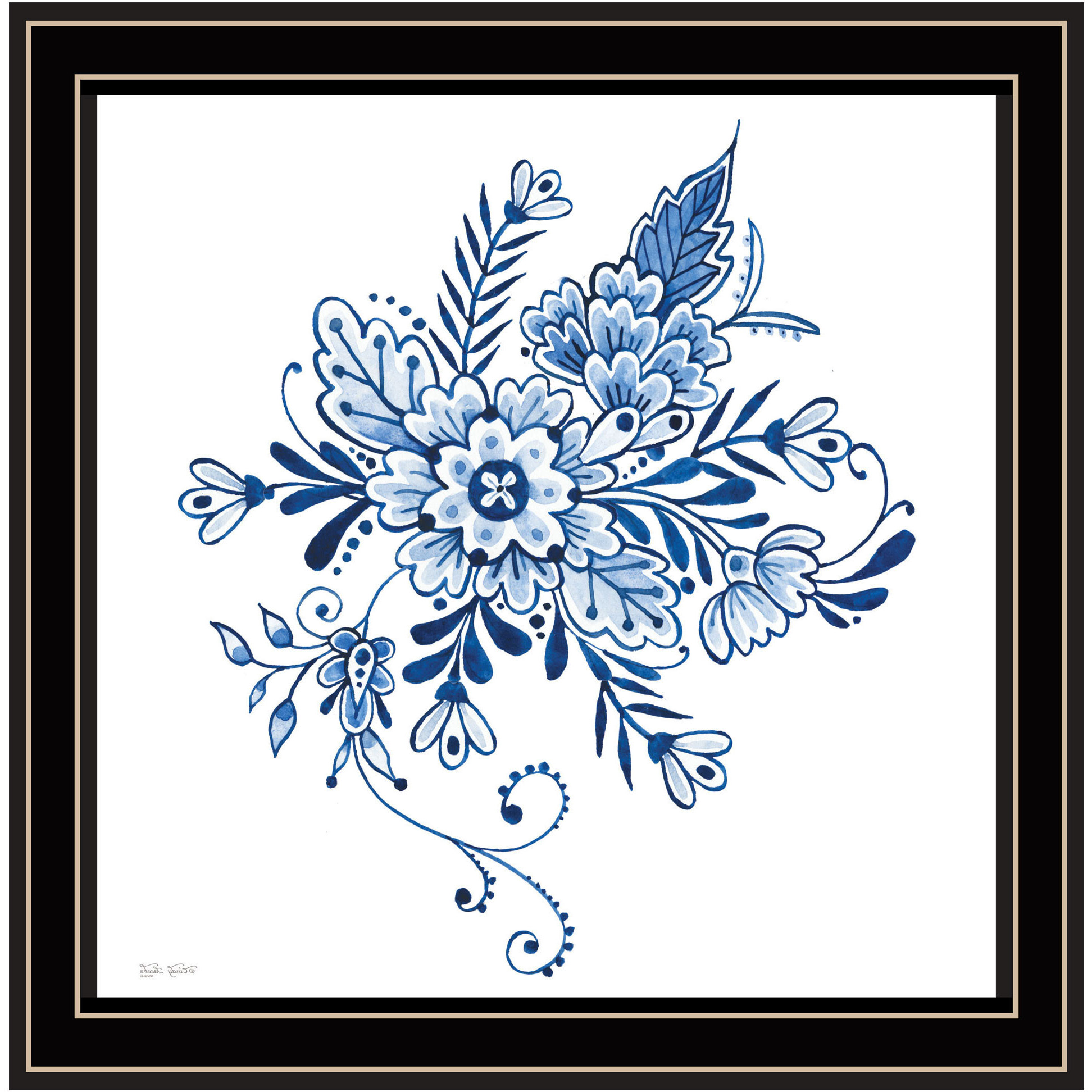 Floral Calligraphy Sketches Black Framed Print Wall Art