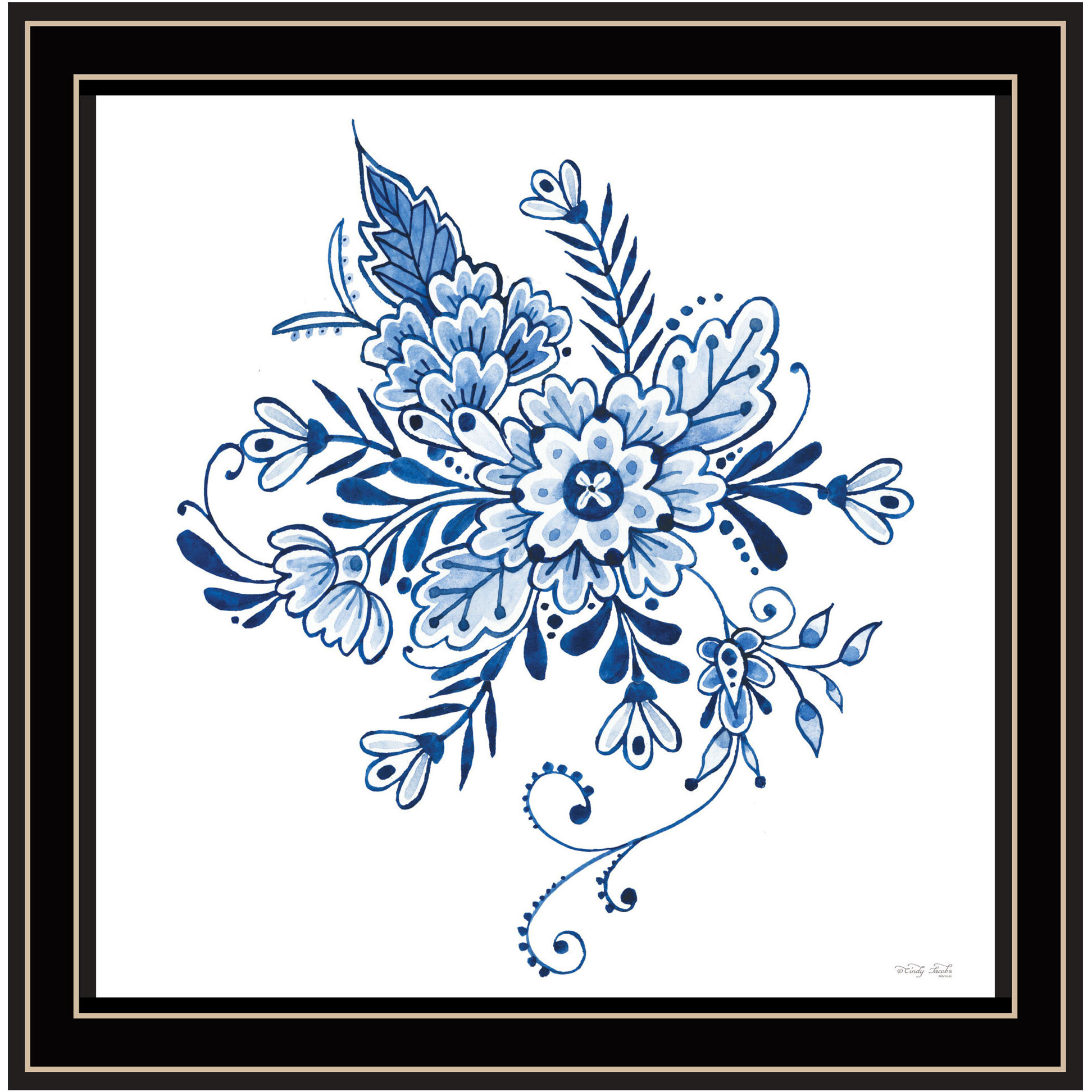 Floral Calligraphy Sketches Black Framed Print Wall Art