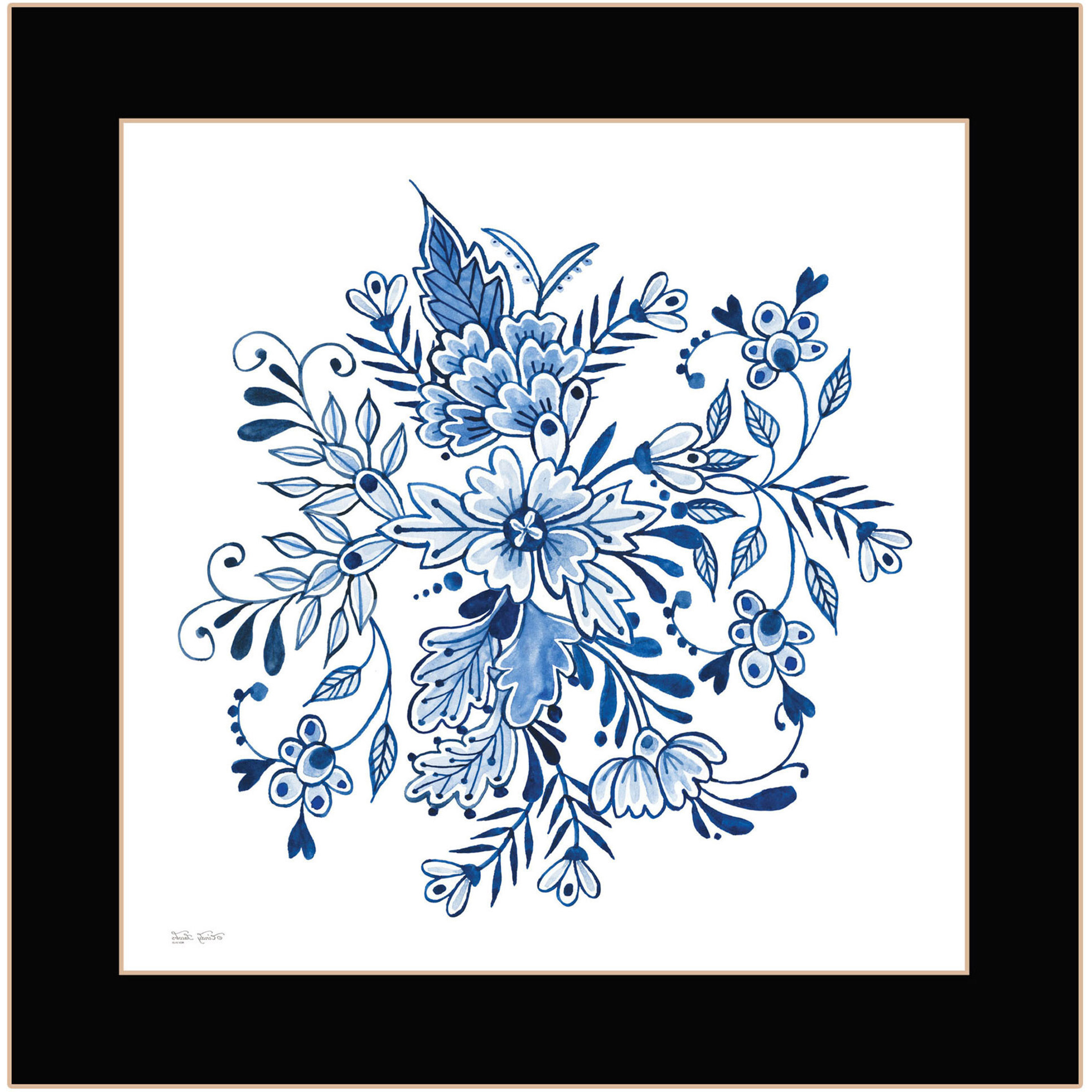 Floral Calligraphy Sketches Black Framed Print Wall Art