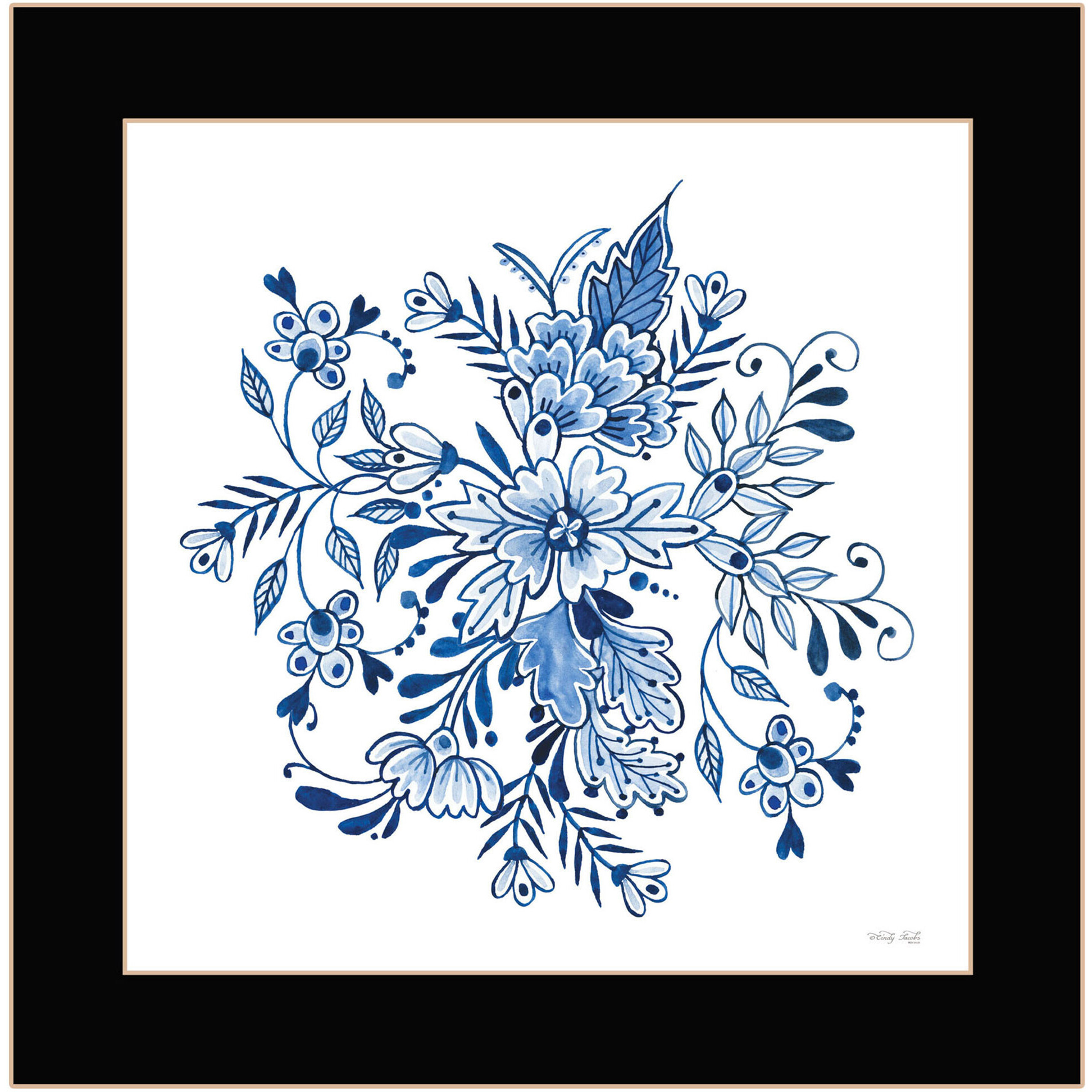 Floral Calligraphy Sketches Black Framed Print Wall Art