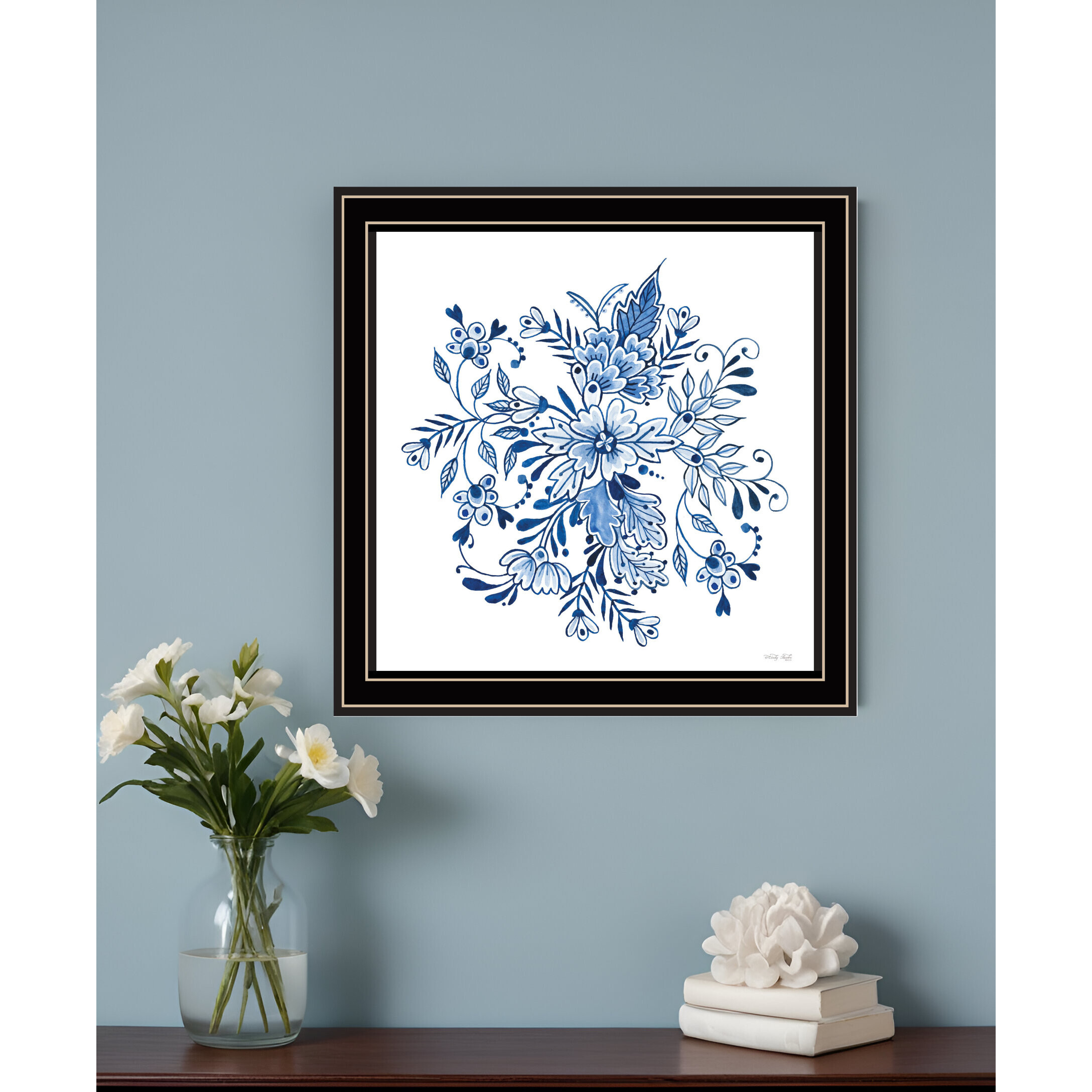 Floral Calligraphy Sketches Black Framed Print Wall Art