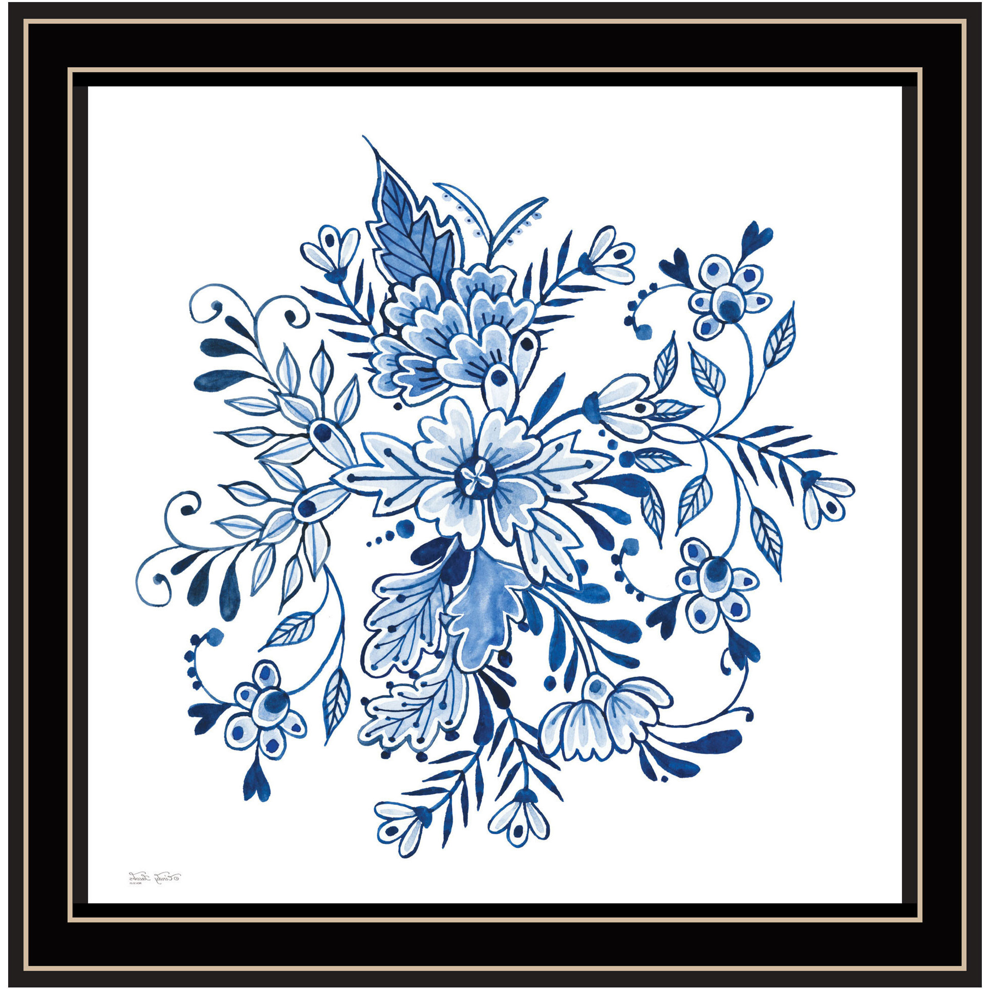 Floral Calligraphy Sketches Black Framed Print Wall Art