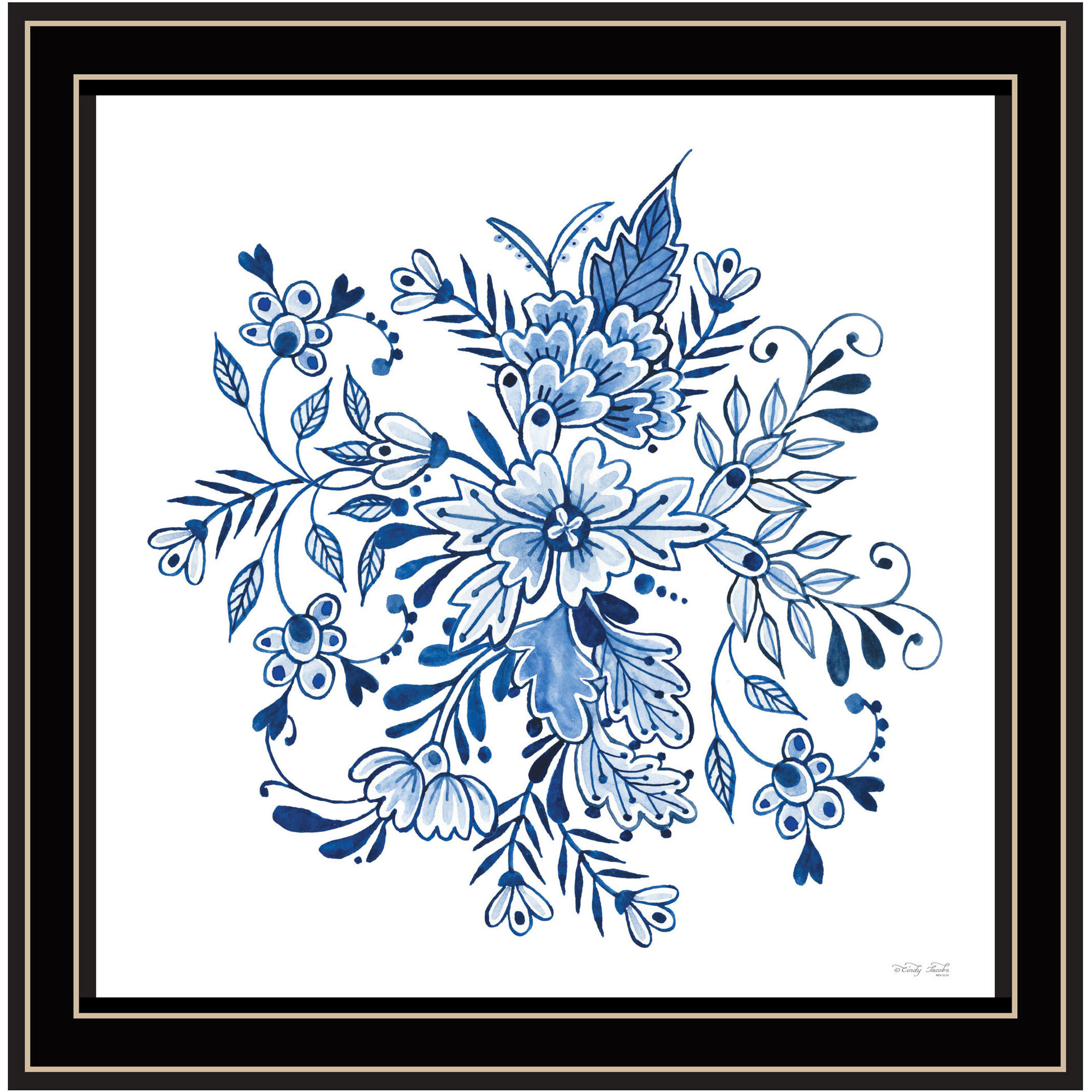 Floral Calligraphy Sketches Black Framed Print Wall Art