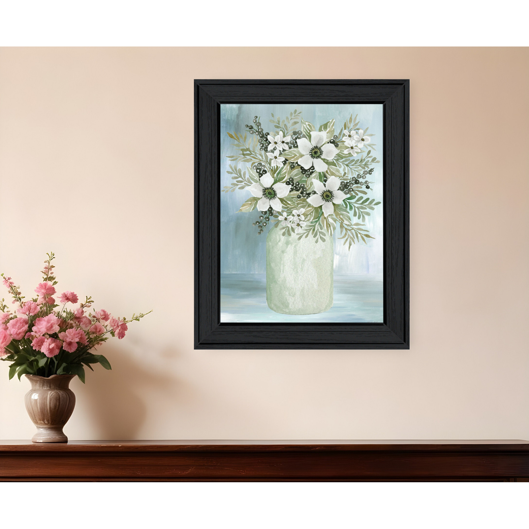 White Blooms Black Framed Print Wall Art