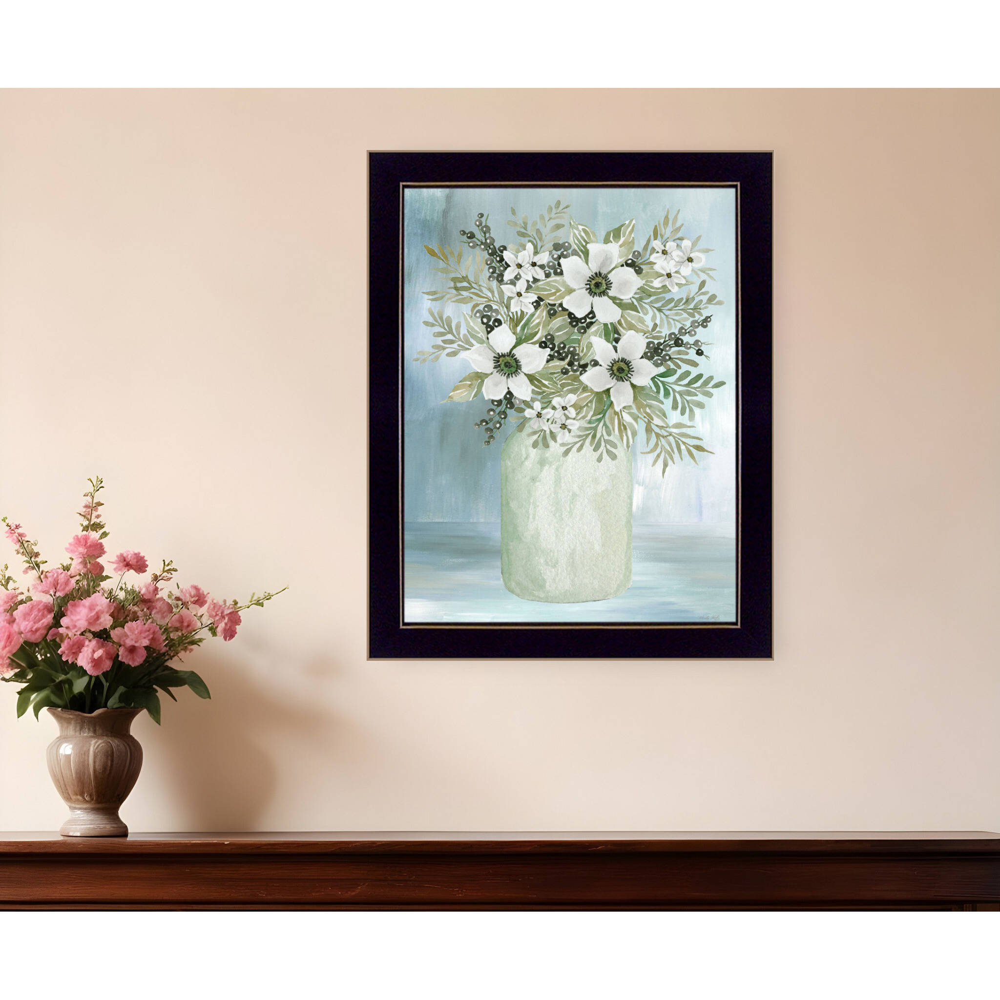 White Blooms Black Framed Print Wall Art