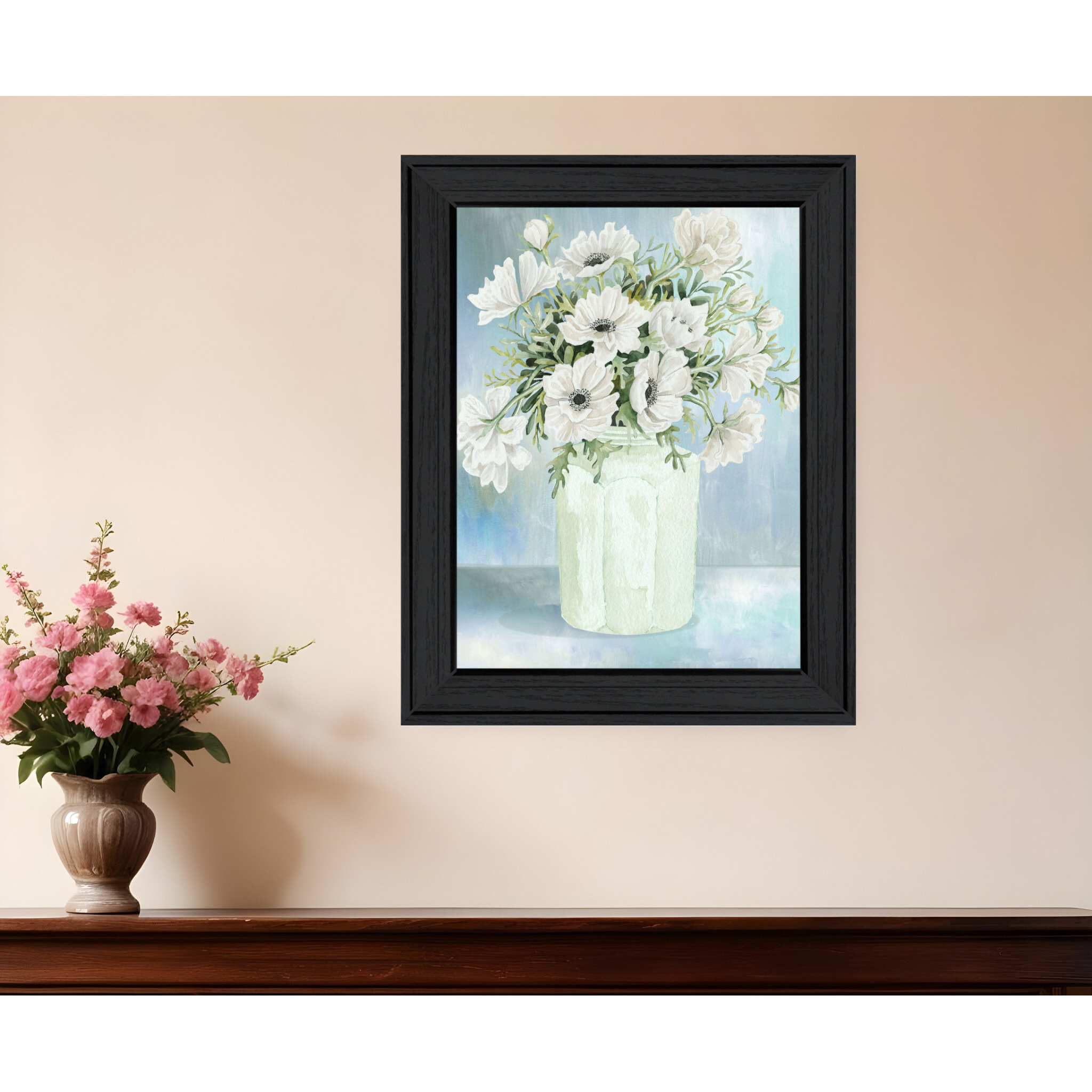 White Blooms Black Framed Print Wall Art