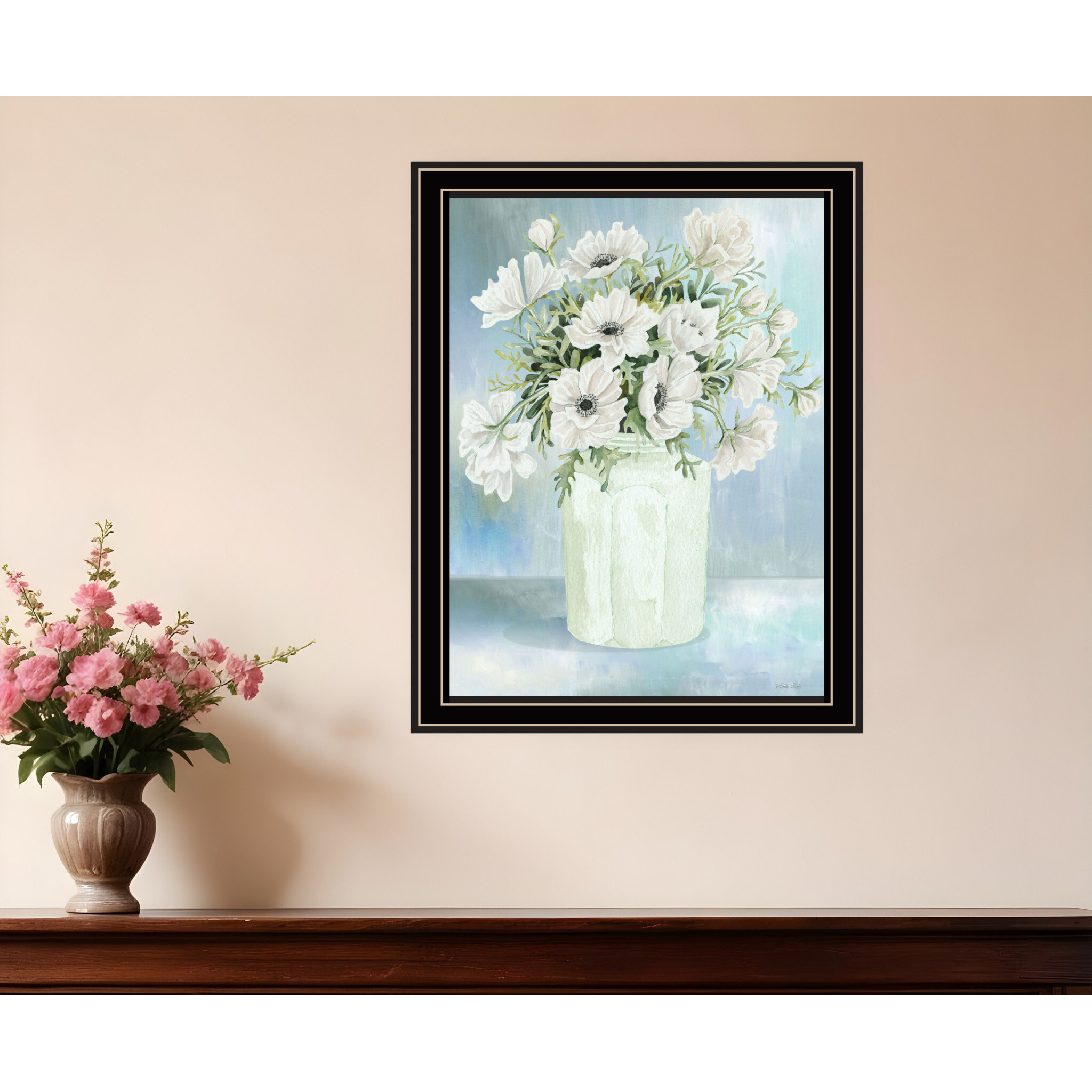 White Blooms Black Double Groove Framed Print Wall Art