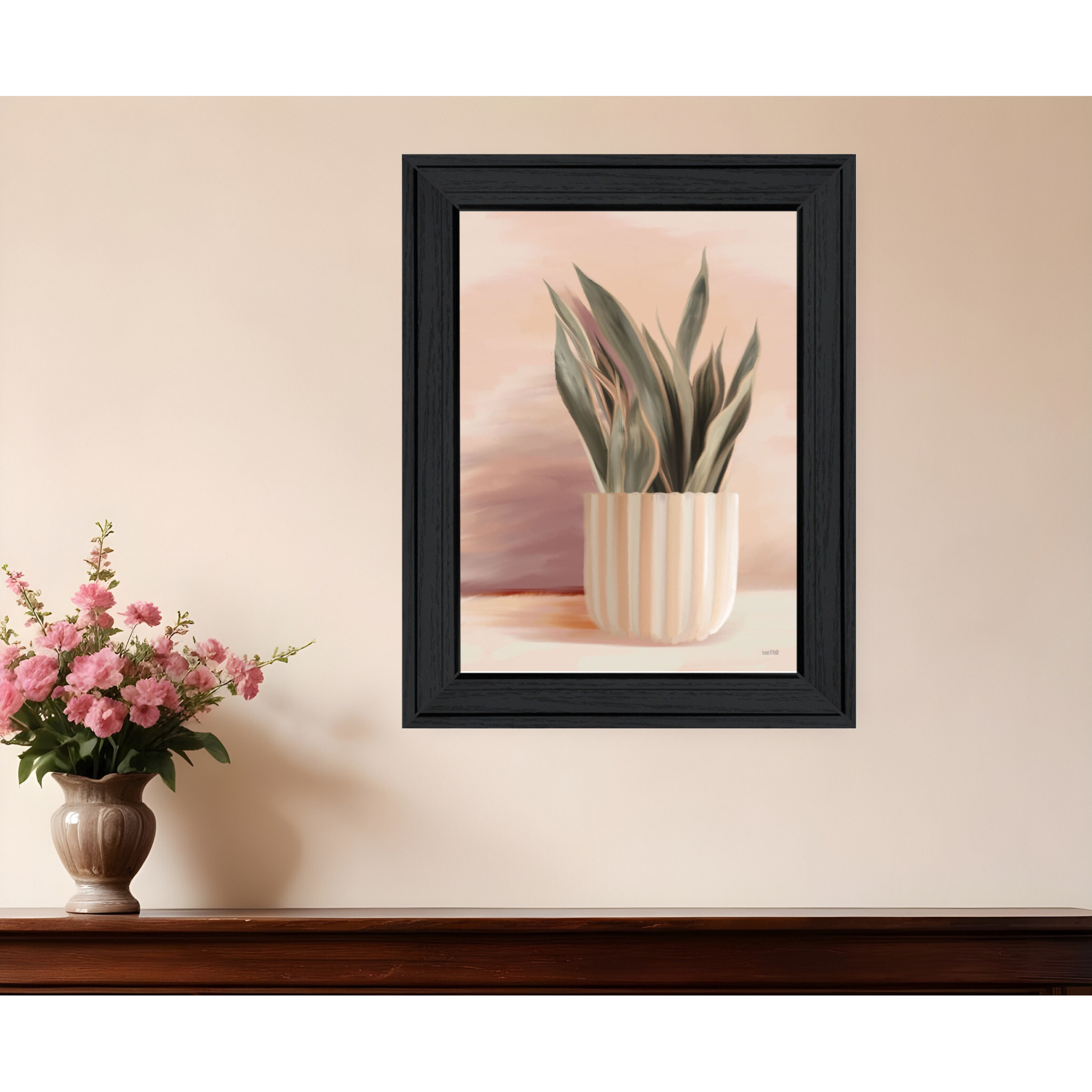 Striped Bohemian Plant Black Framed Print Wall Art