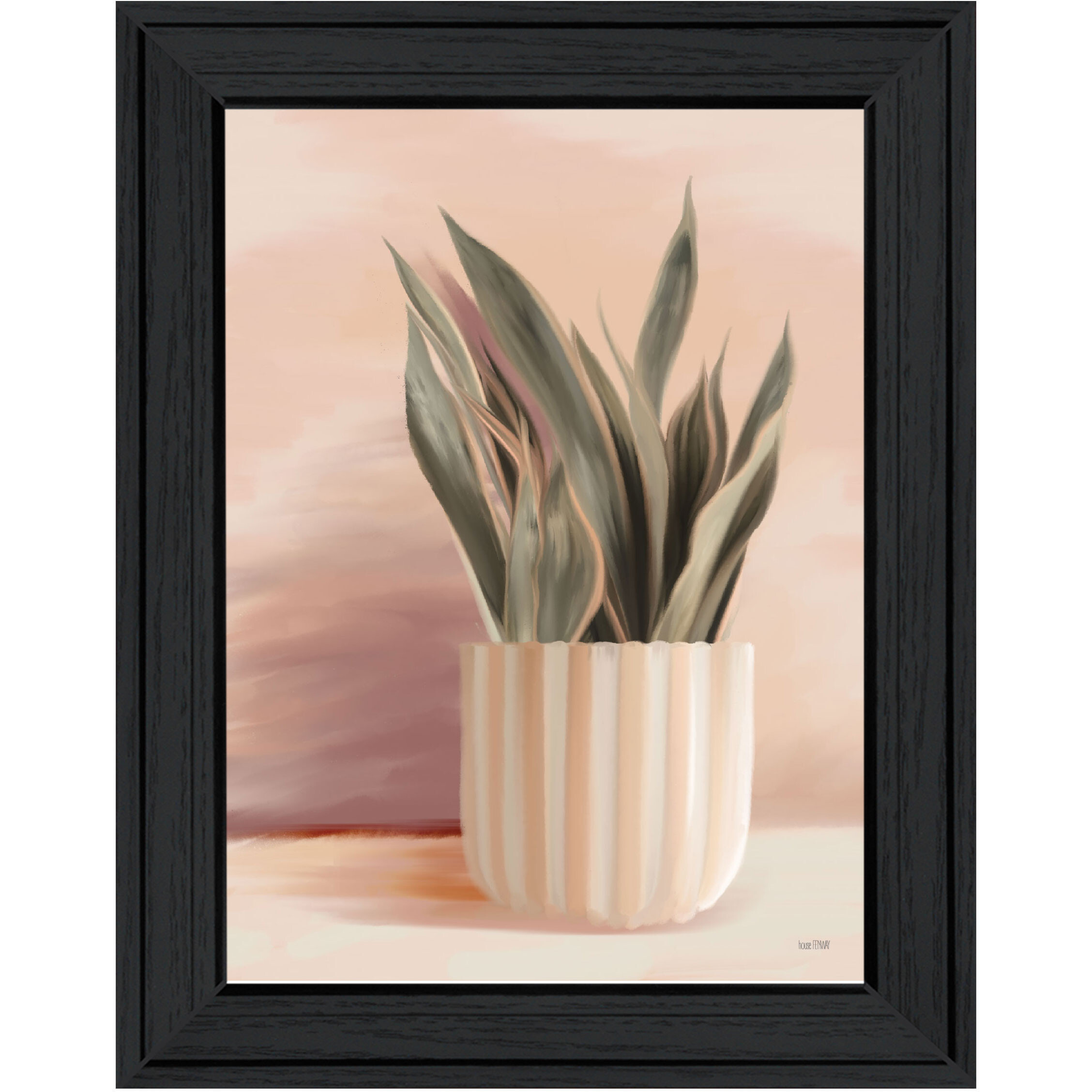 Striped Bohemian Plant Black Framed Print Wall Art