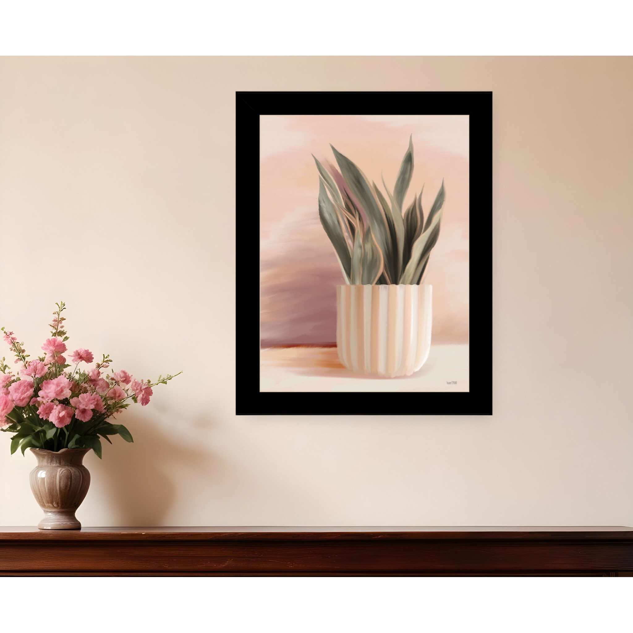 Striped Bohemian Plant Black Framed Print Wall Art