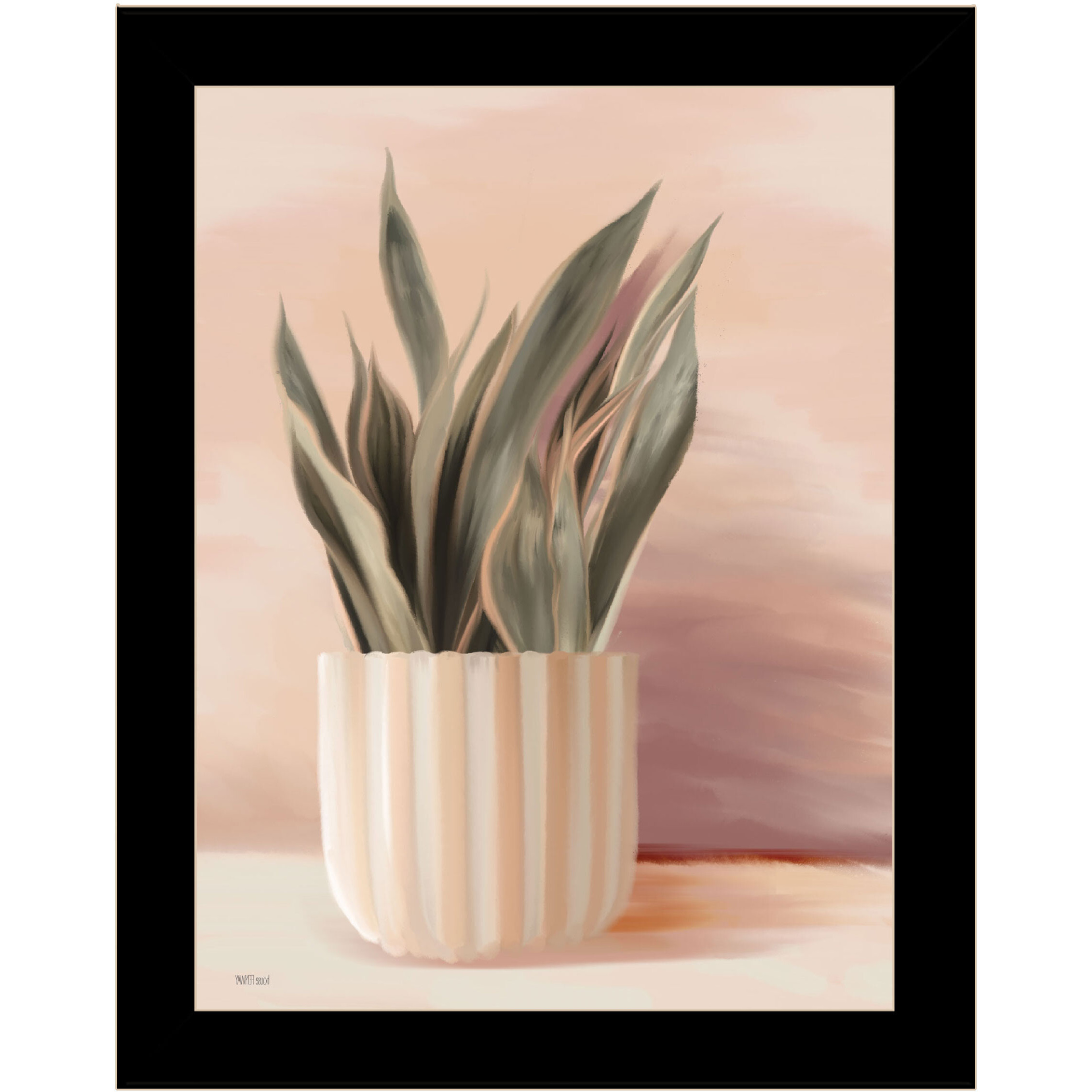 Striped Bohemian Plant Black Framed Print Wall Art