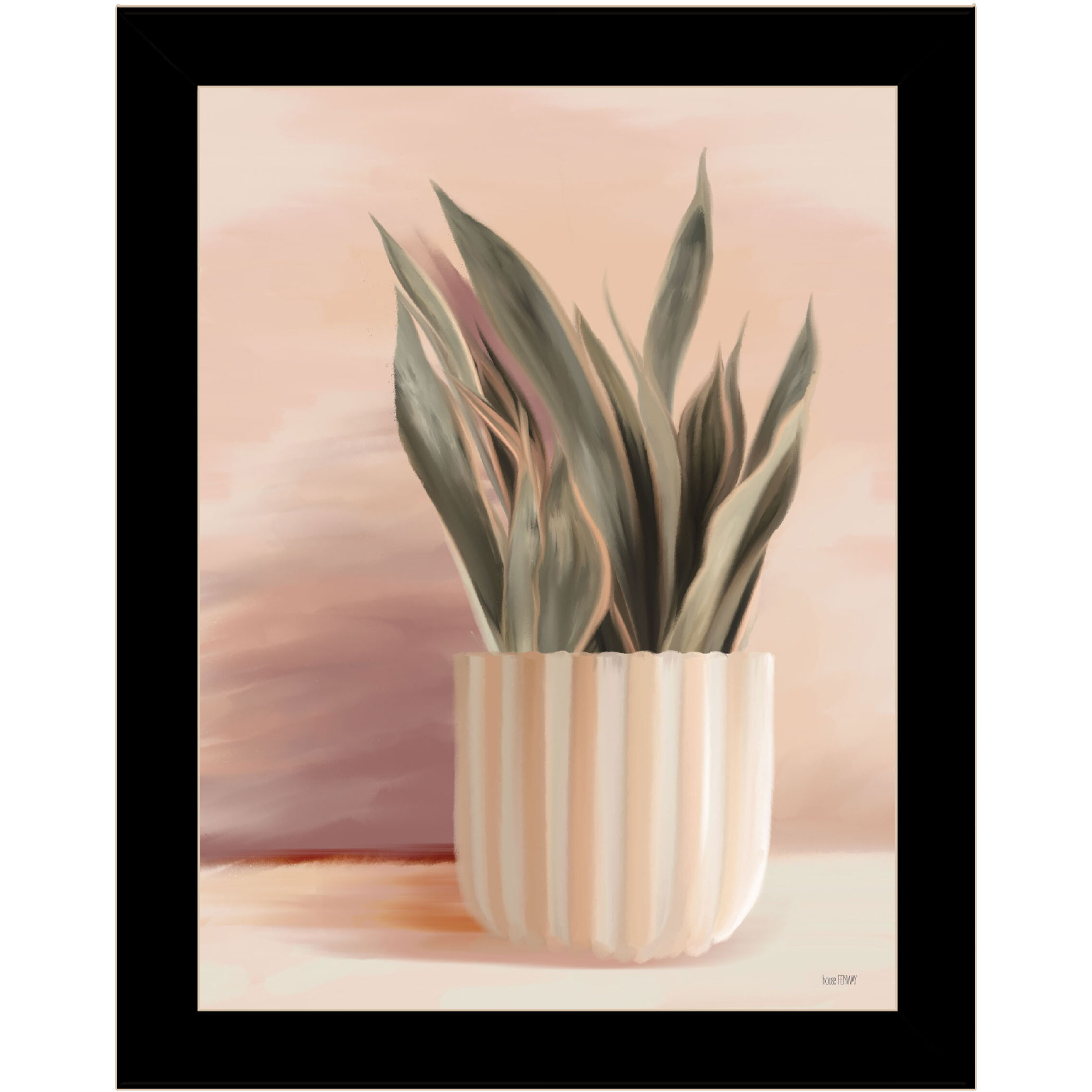 Striped Bohemian Plant Black Framed Print Wall Art