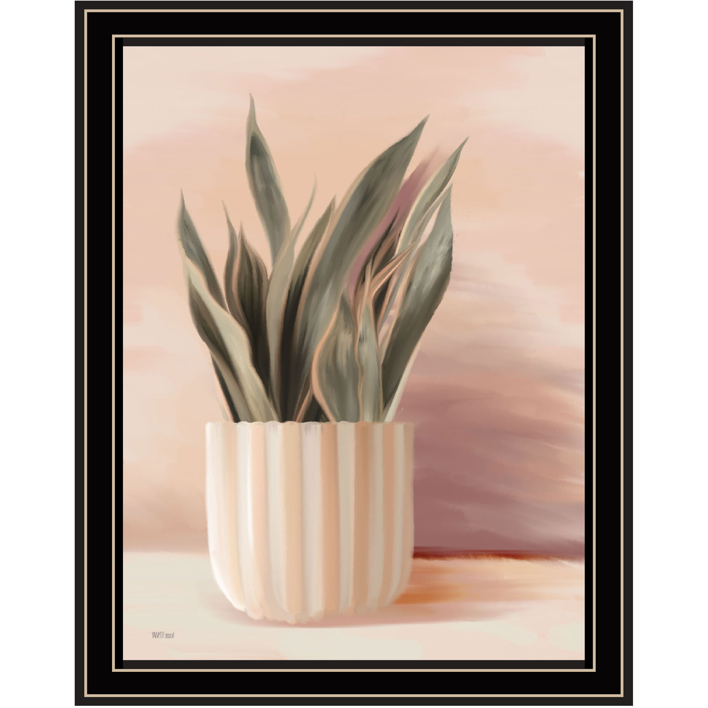 Striped Bohemian Plant Black Framed Print Wall Art