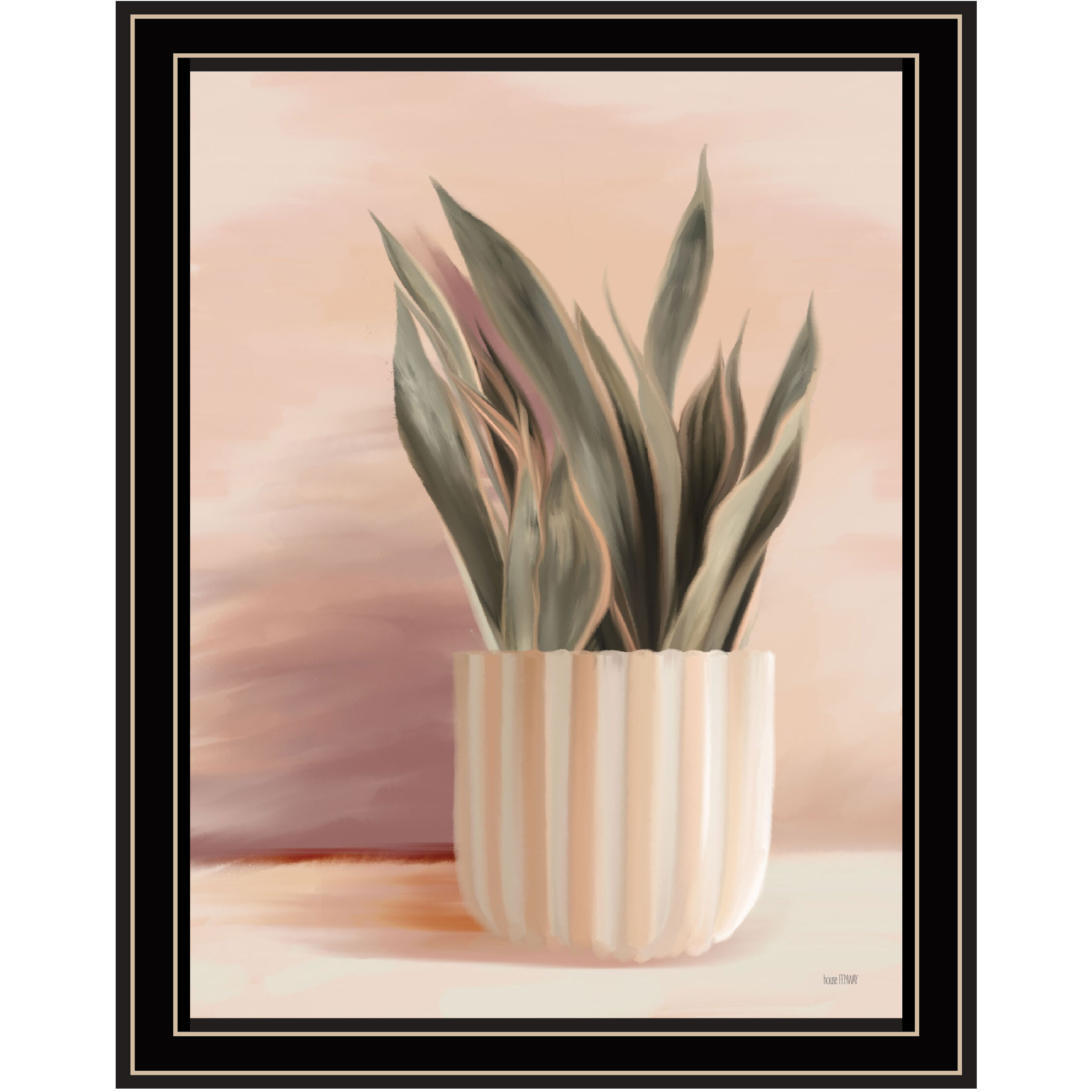 Striped Bohemian Plant Black Framed Print Wall Art