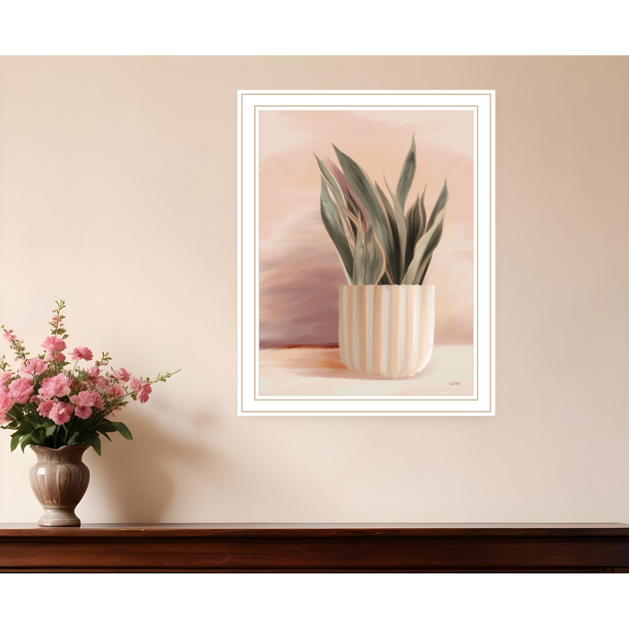 Striped Bohemian Plant White Framed Print Wall Art