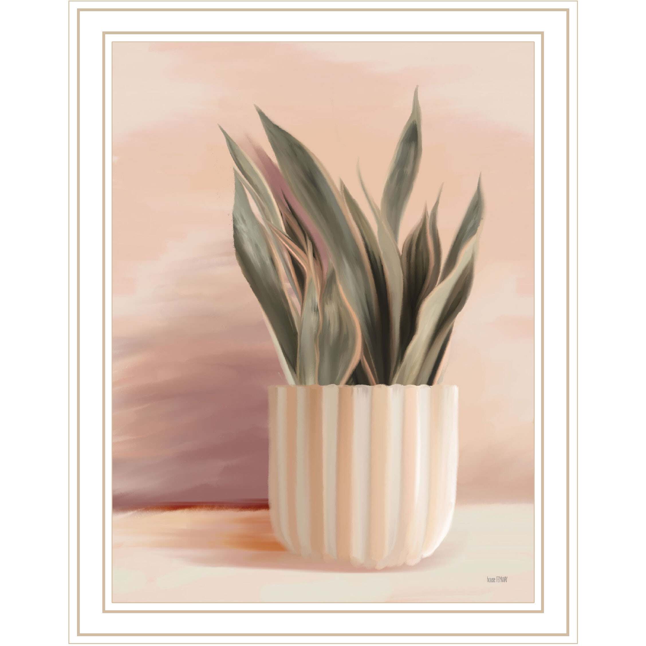 Striped Bohemian Plant White Framed Print Wall Art