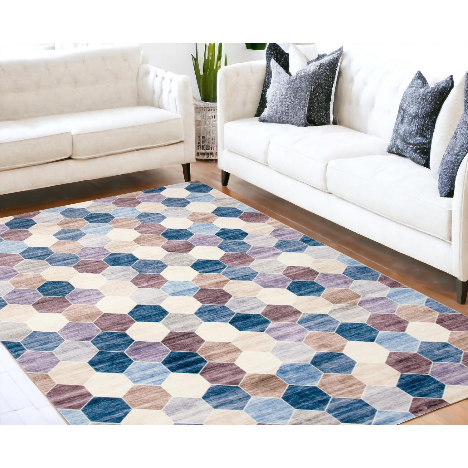 5' X 8' Ivory and Blue Geometric Distressed Area Rug