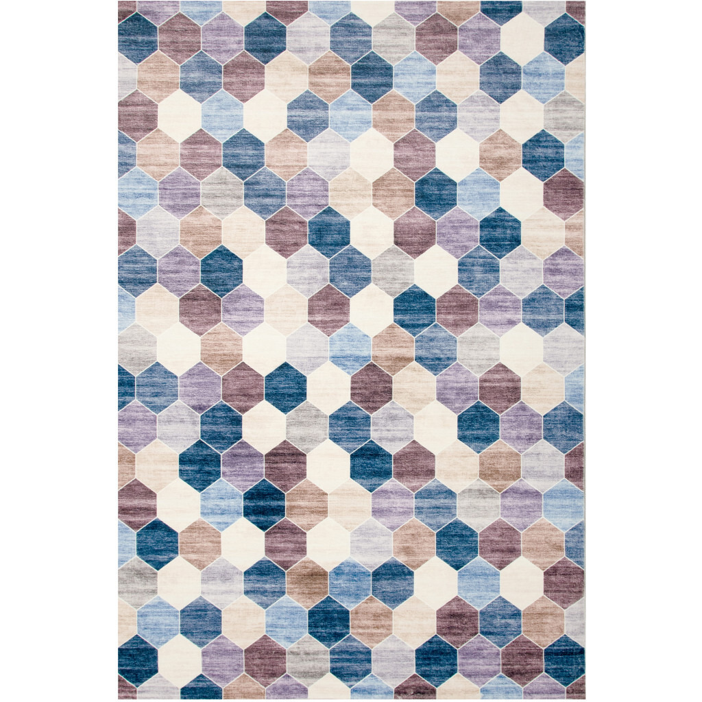 7' X 10' Ivory and Blue Geometric Distressed Area Rug