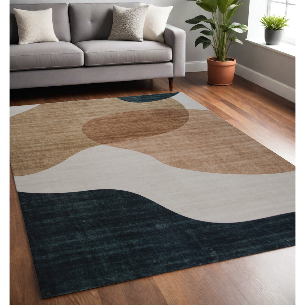 5' X 8' Beige and Green Abstract Distressed Area Rug