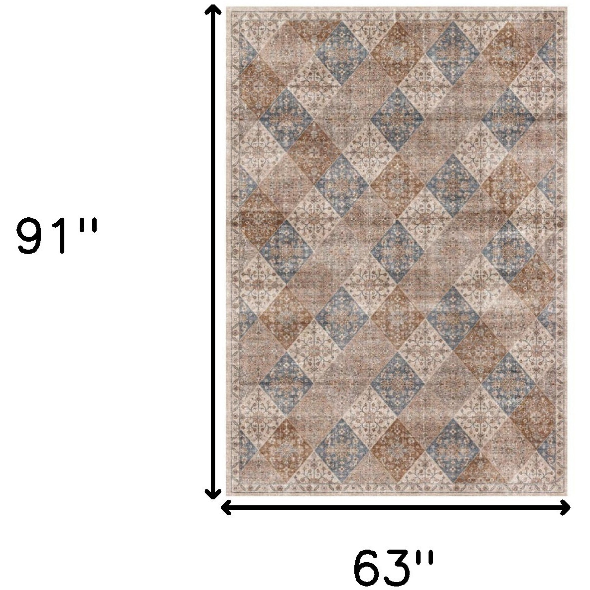 5' X 8' Brown and Blue Floral Distressed Area Rug