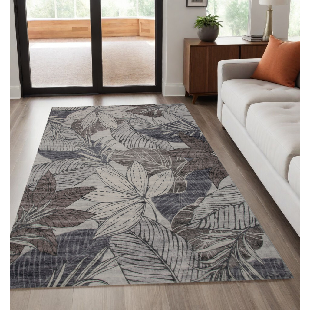 5' X 8' Gray and Brown Floral Distressed Area Rug