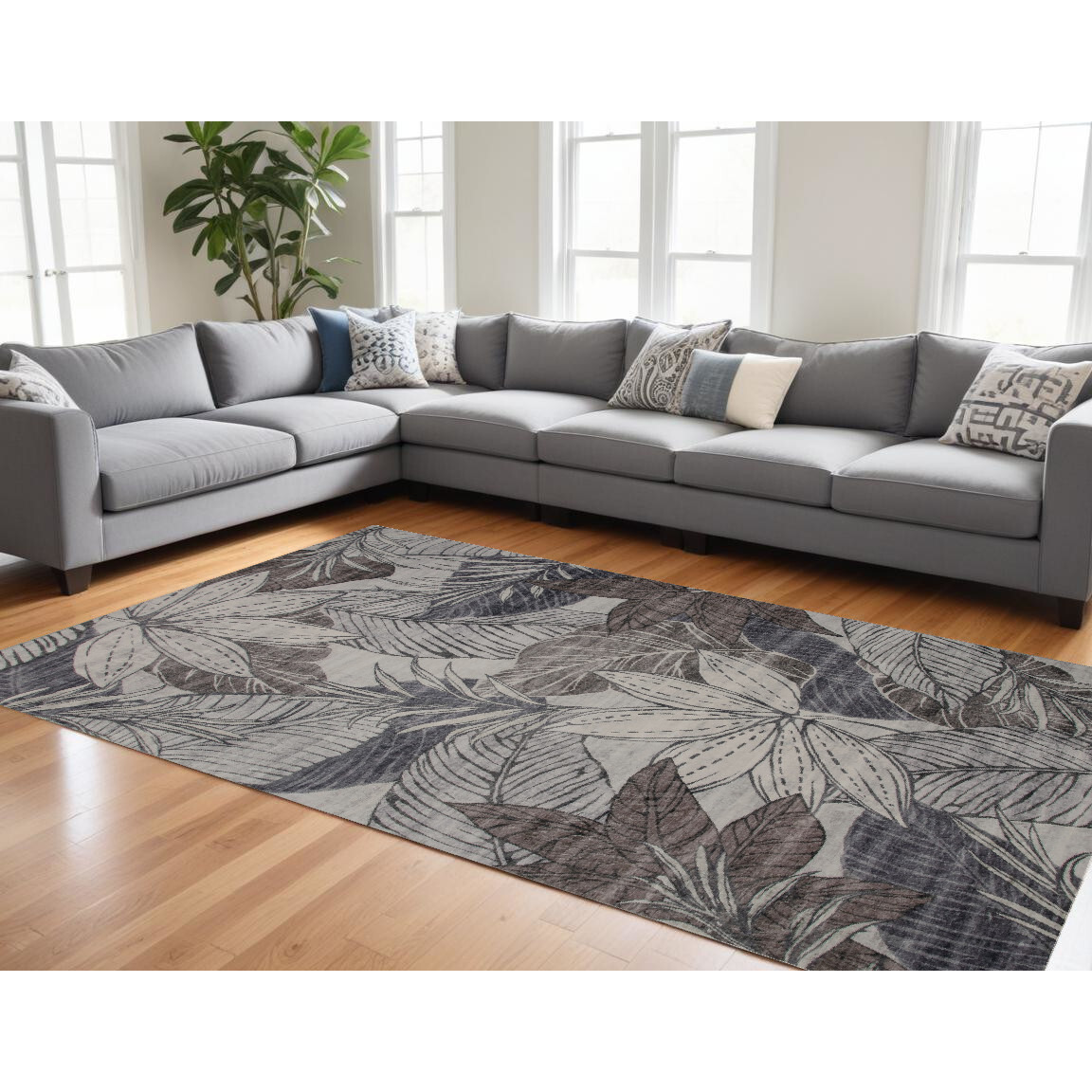 8' X 11' Gray and Brown Floral Distressed Area Rug