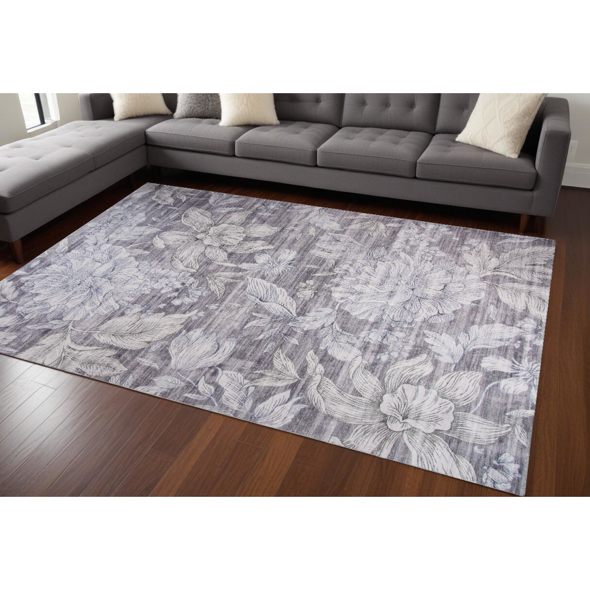8' X 11' Gray and Ivory Floral Distressed Area Rug