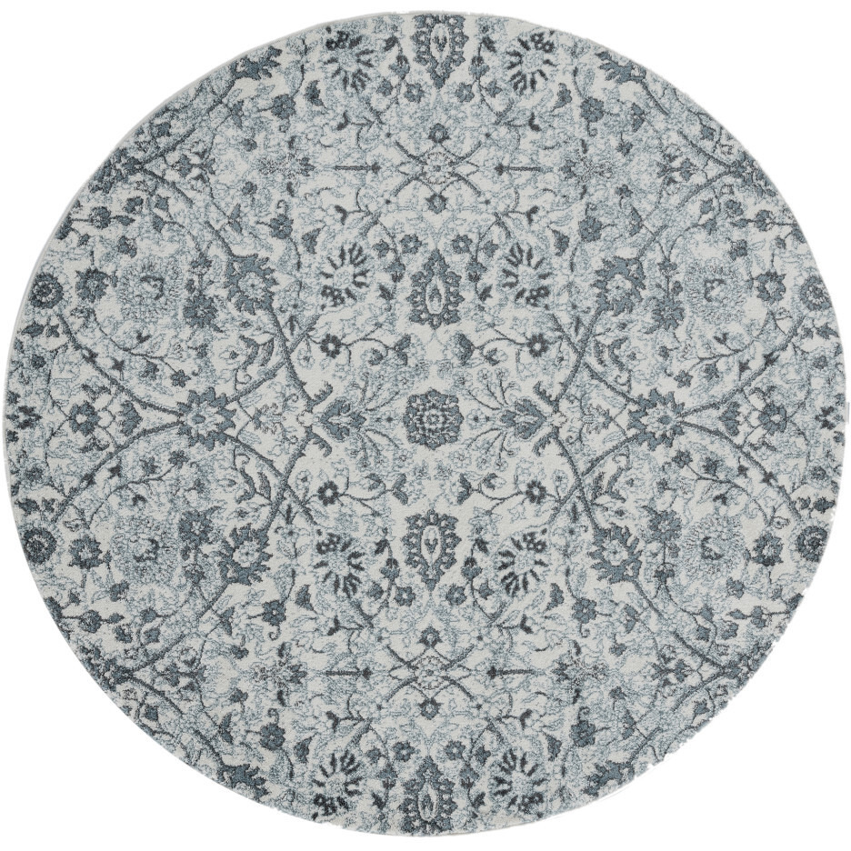 6' Gray and Beige Round Floral Power Loom Area Rug