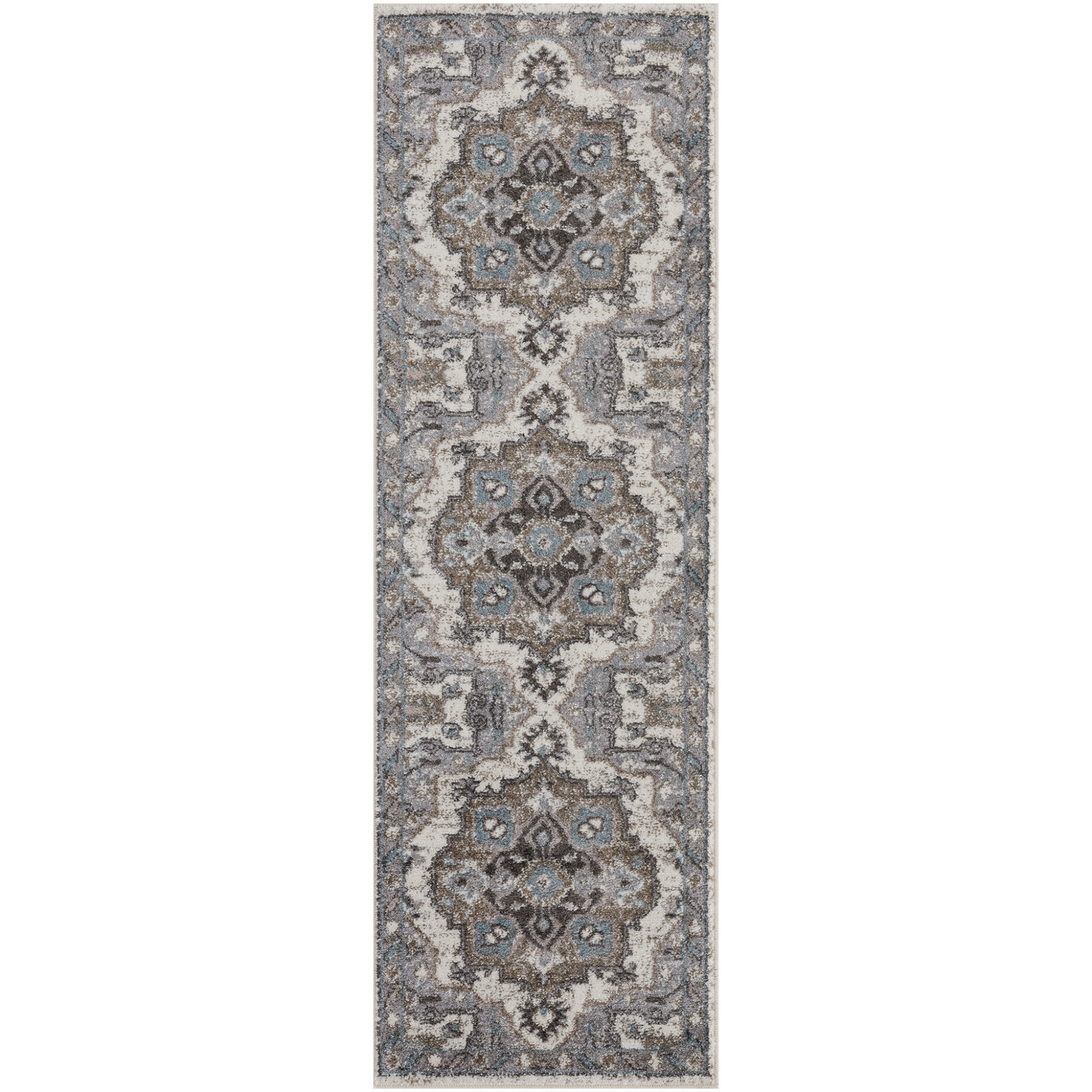 2' X 6' Gray and Beige Medallion Power Loom Runner Rug