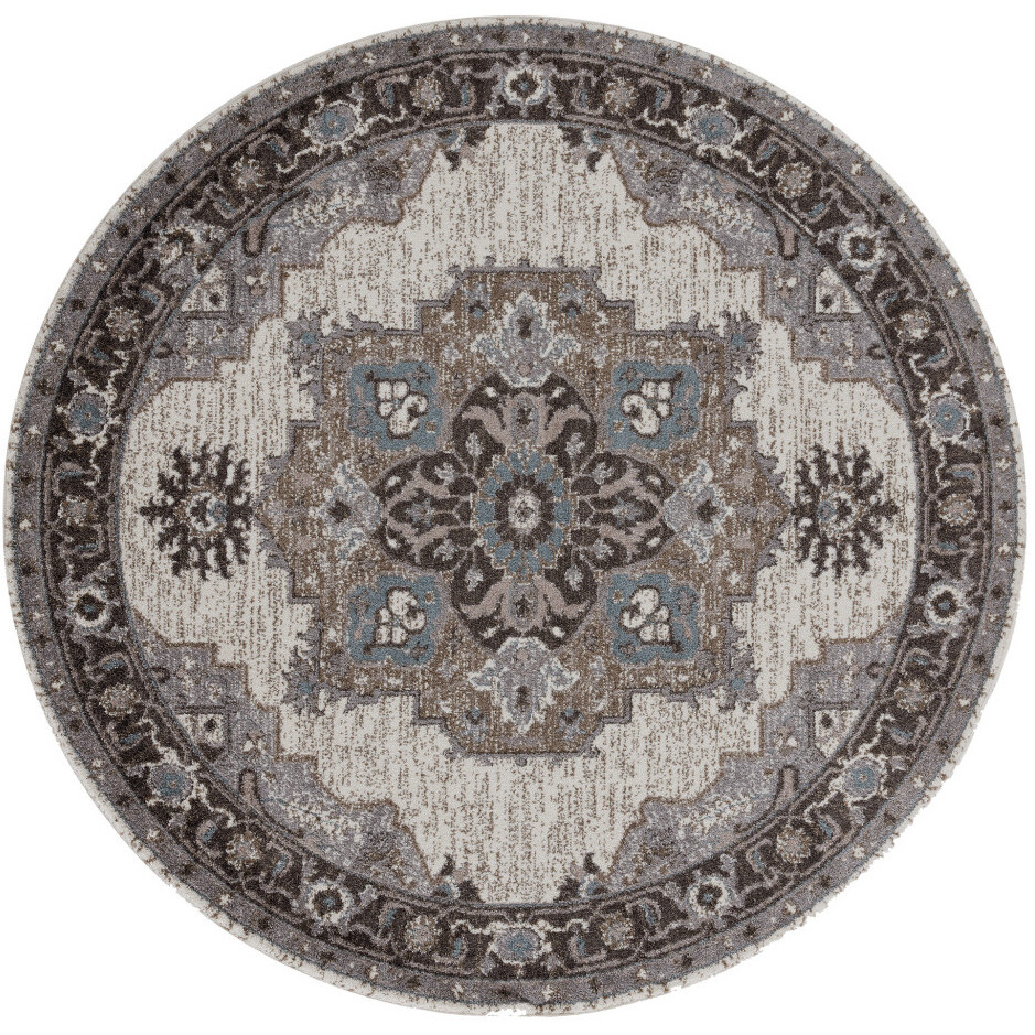 6' Gray and Beige Round Medallion Power Loom Area Rug