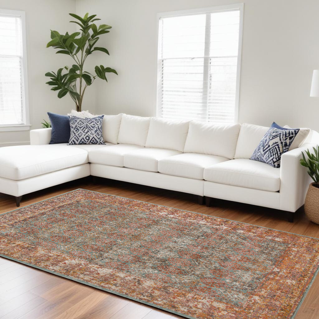 10' X 14' Teal and Brown Medallion Power Loom Distressed Area Rug