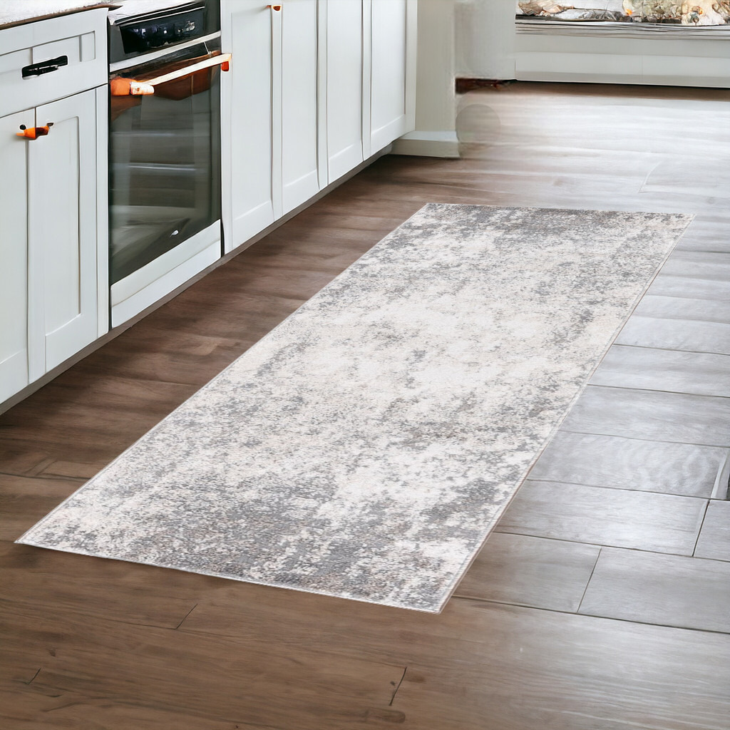 8' Gray and Beige Abstract Power Loom Runner Rug