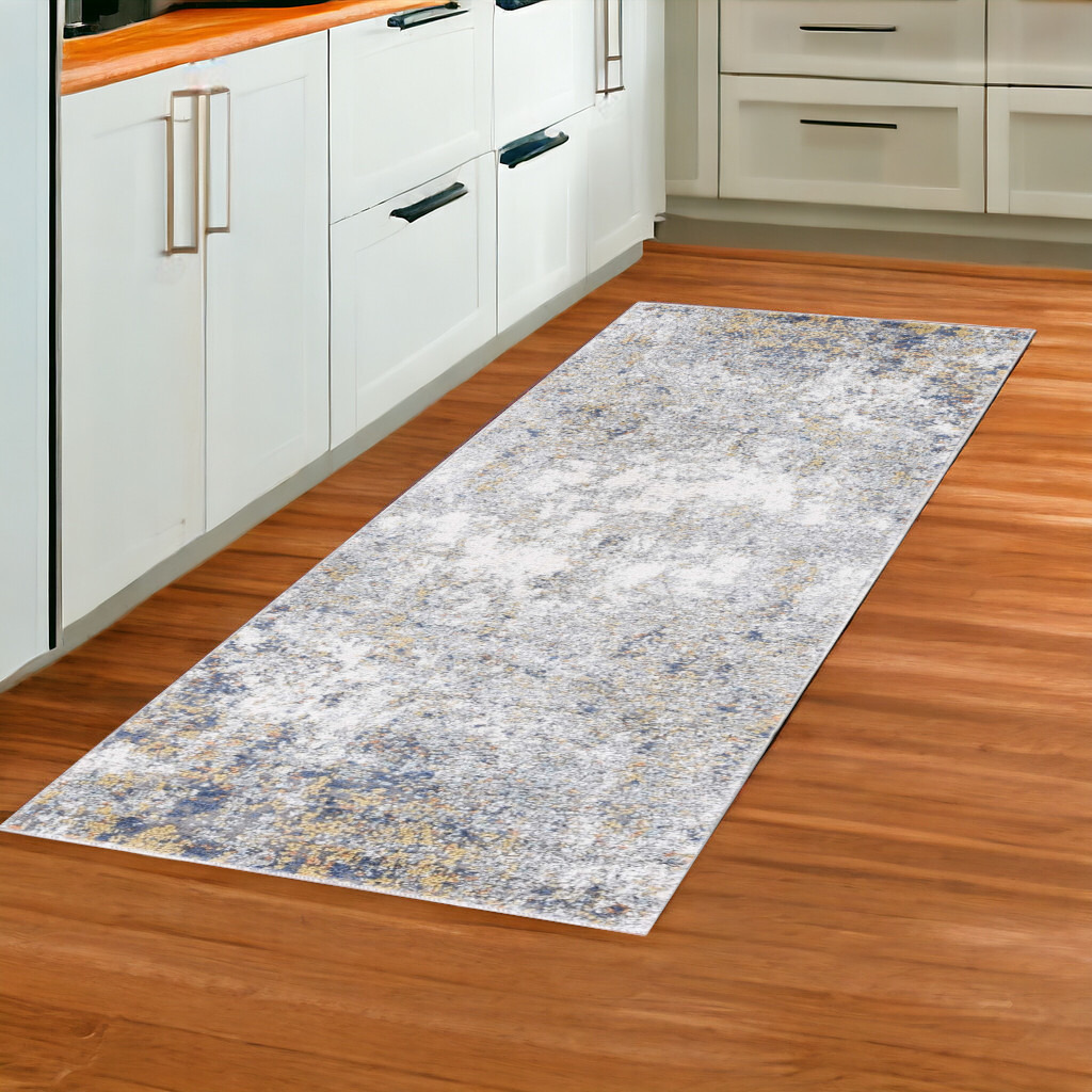 8' Blue and Yellow Abstract Power Loom Runner Rug