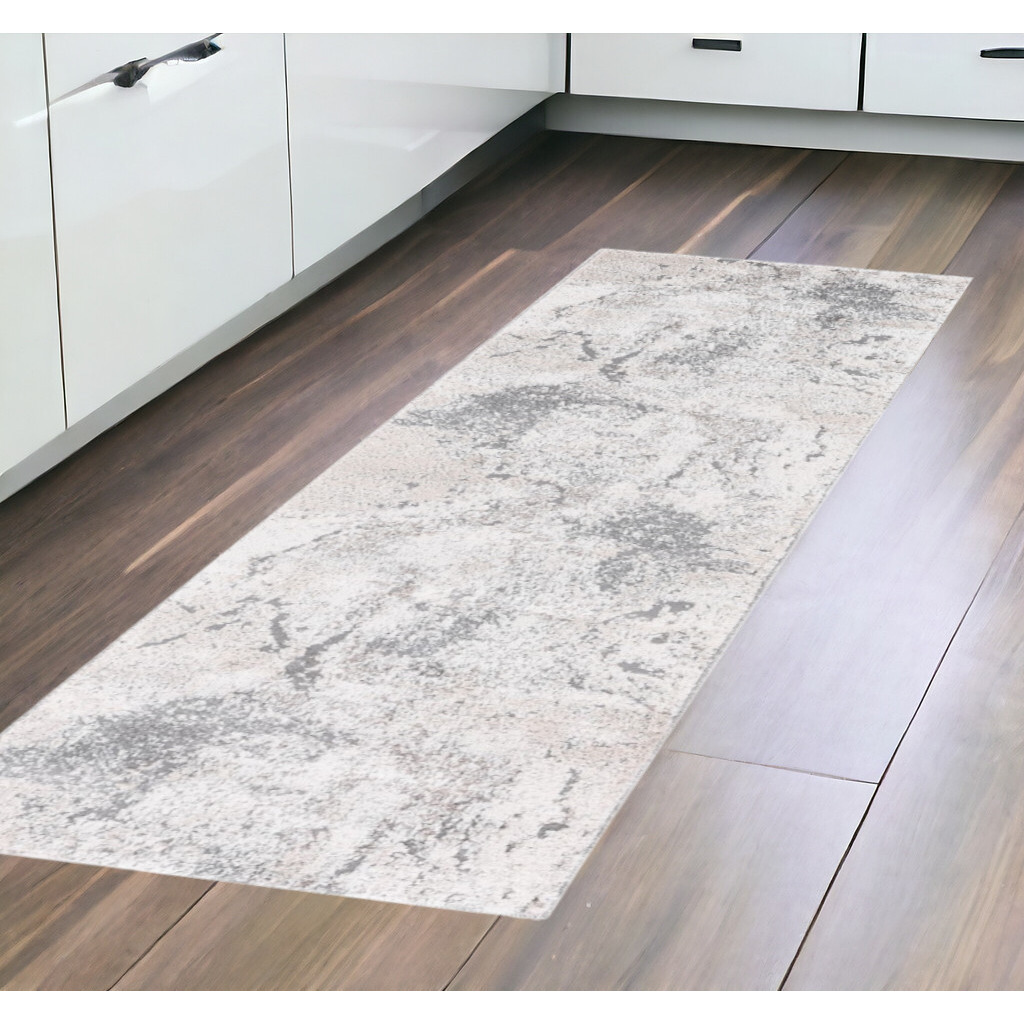 8' Gray and Beige Abstract Power Loom Runner Rug